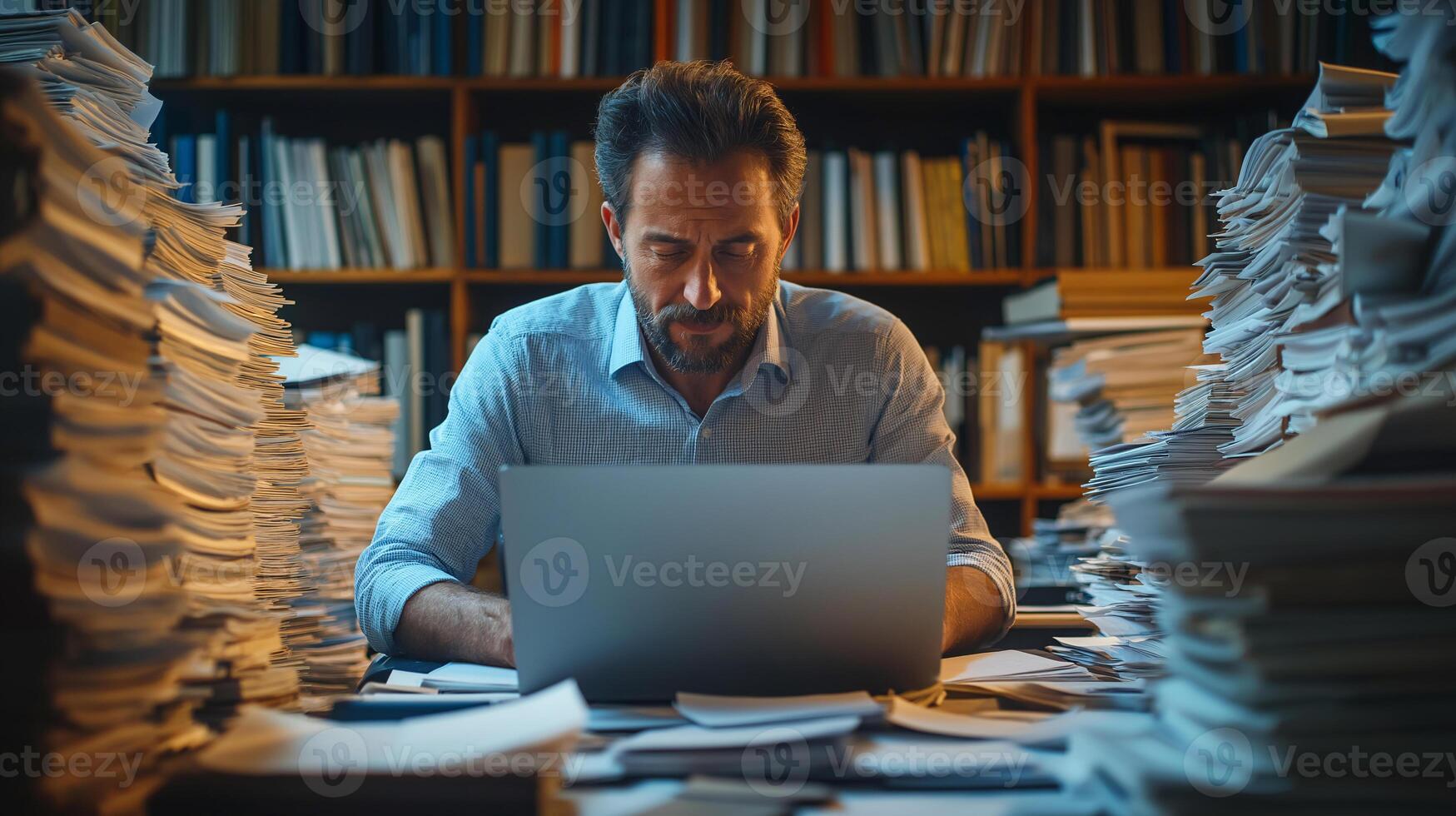 Overworked Man in a Cluttered Office Surrounded by Paperwork photo