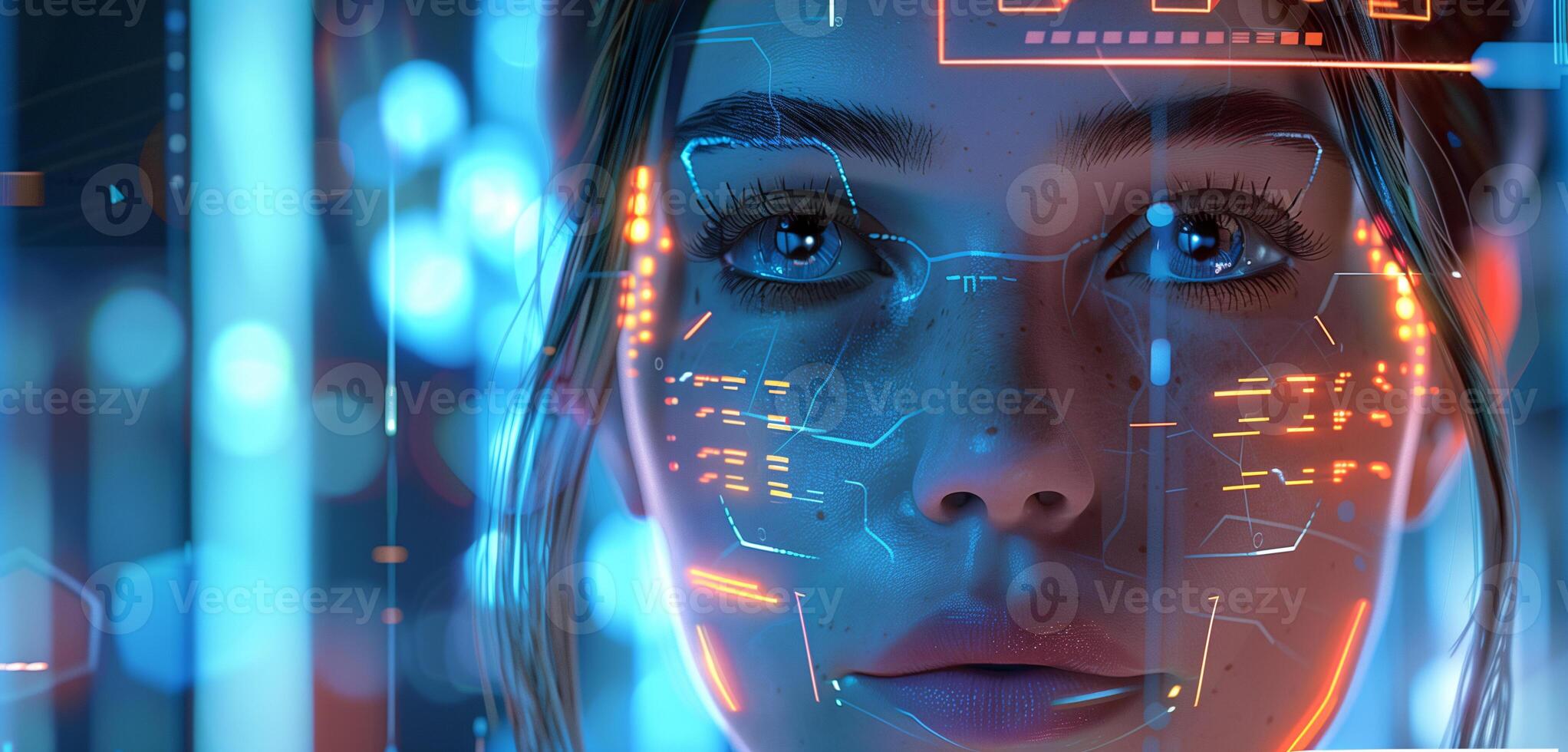 A woman with a face that is glowing with neon colours photo