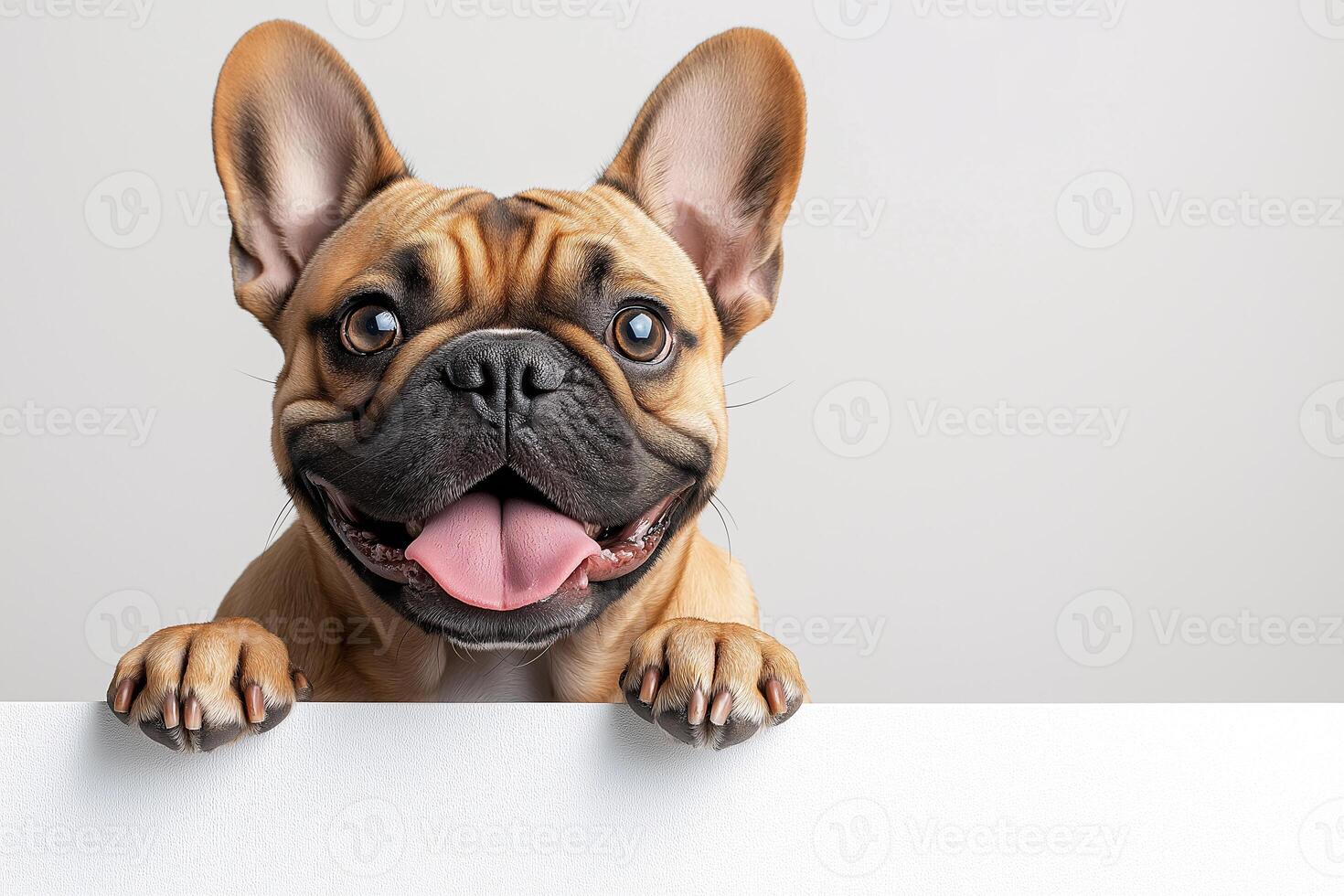 A happy French Bulldog is looking at the camera and has its tongue out photo