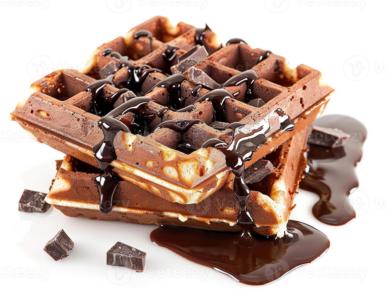 A chocolate covered waffle with chocolate drizzle and chocolate chips on top photo