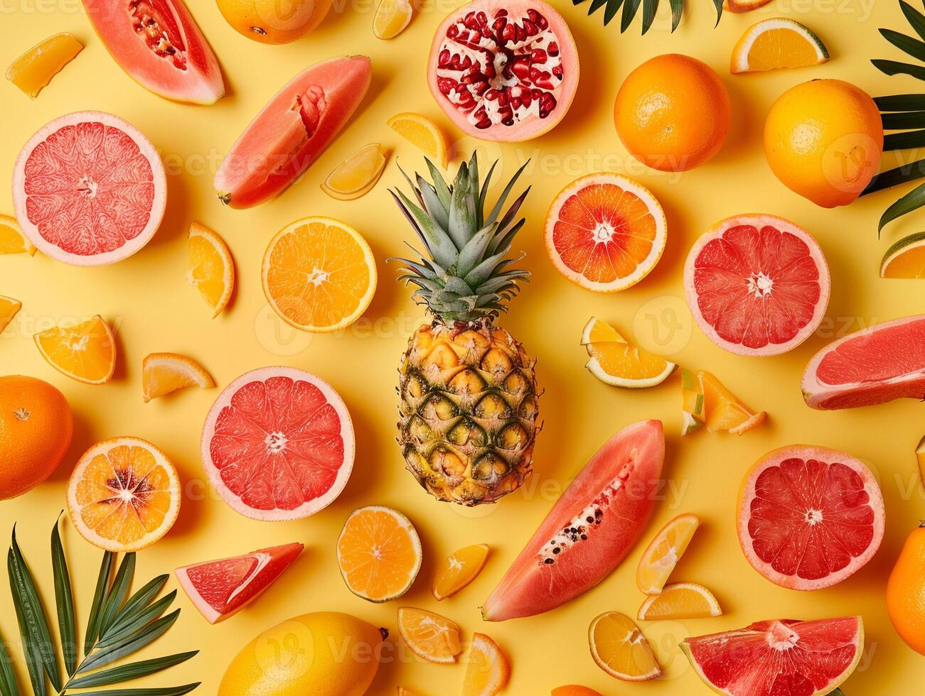 A coloruful fruit salad with a pineapple and a few oranges photo