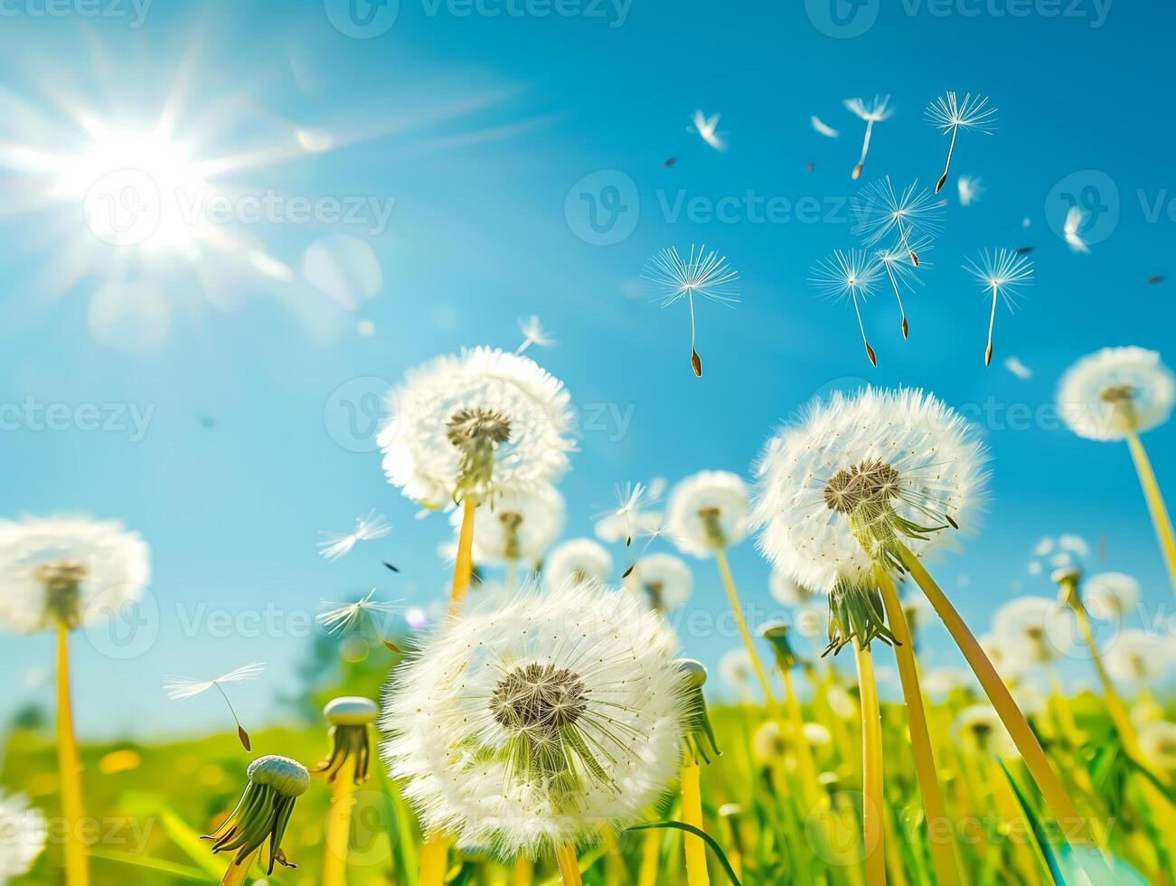 A field of dandelions with the sun shining brightly on them photo