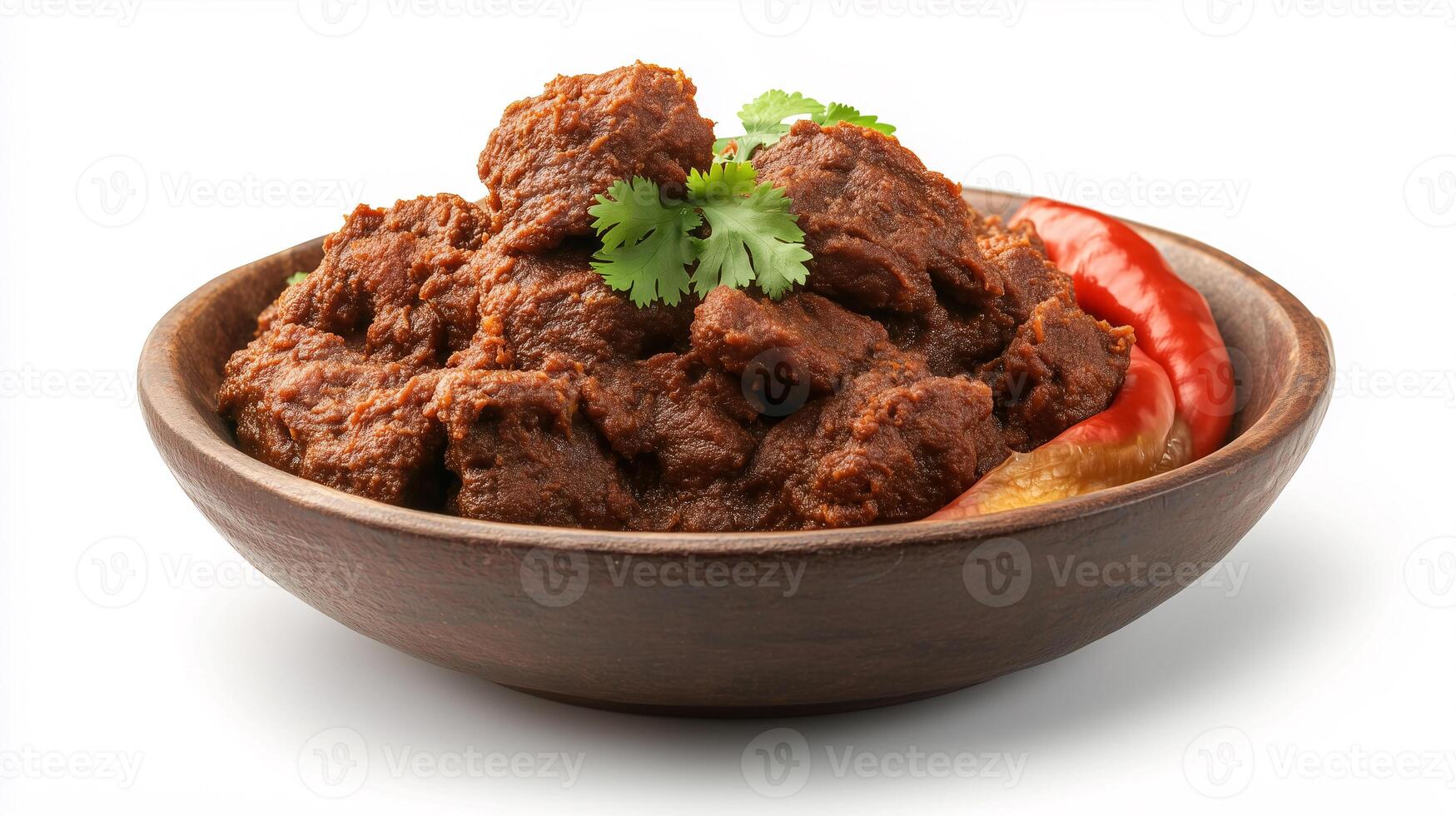 A bowl of meat with a green herb on top photo