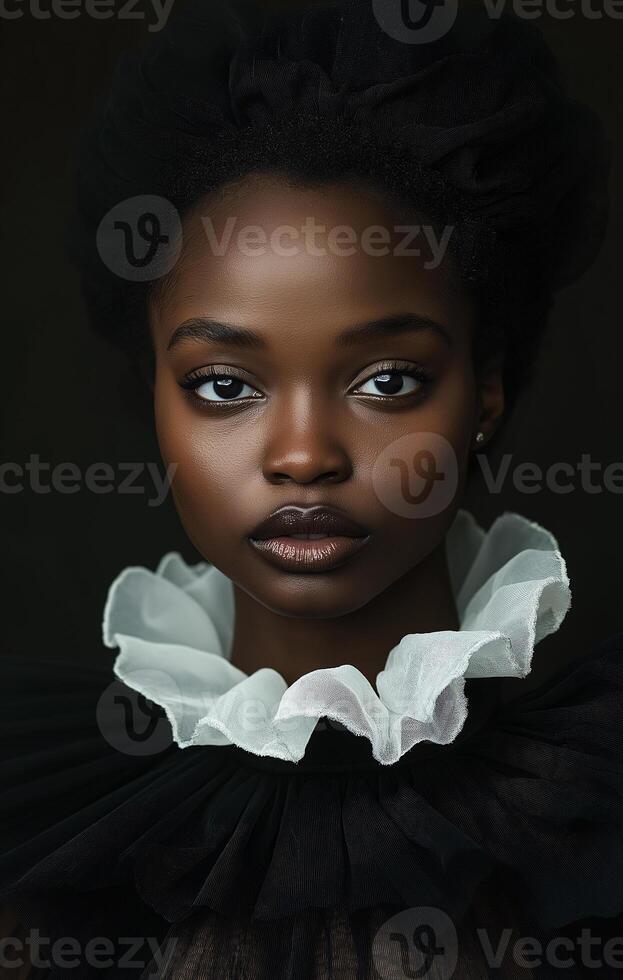 Striking portrait of a young woman with captivating eyes and elegant attire against a dark backdrop photo