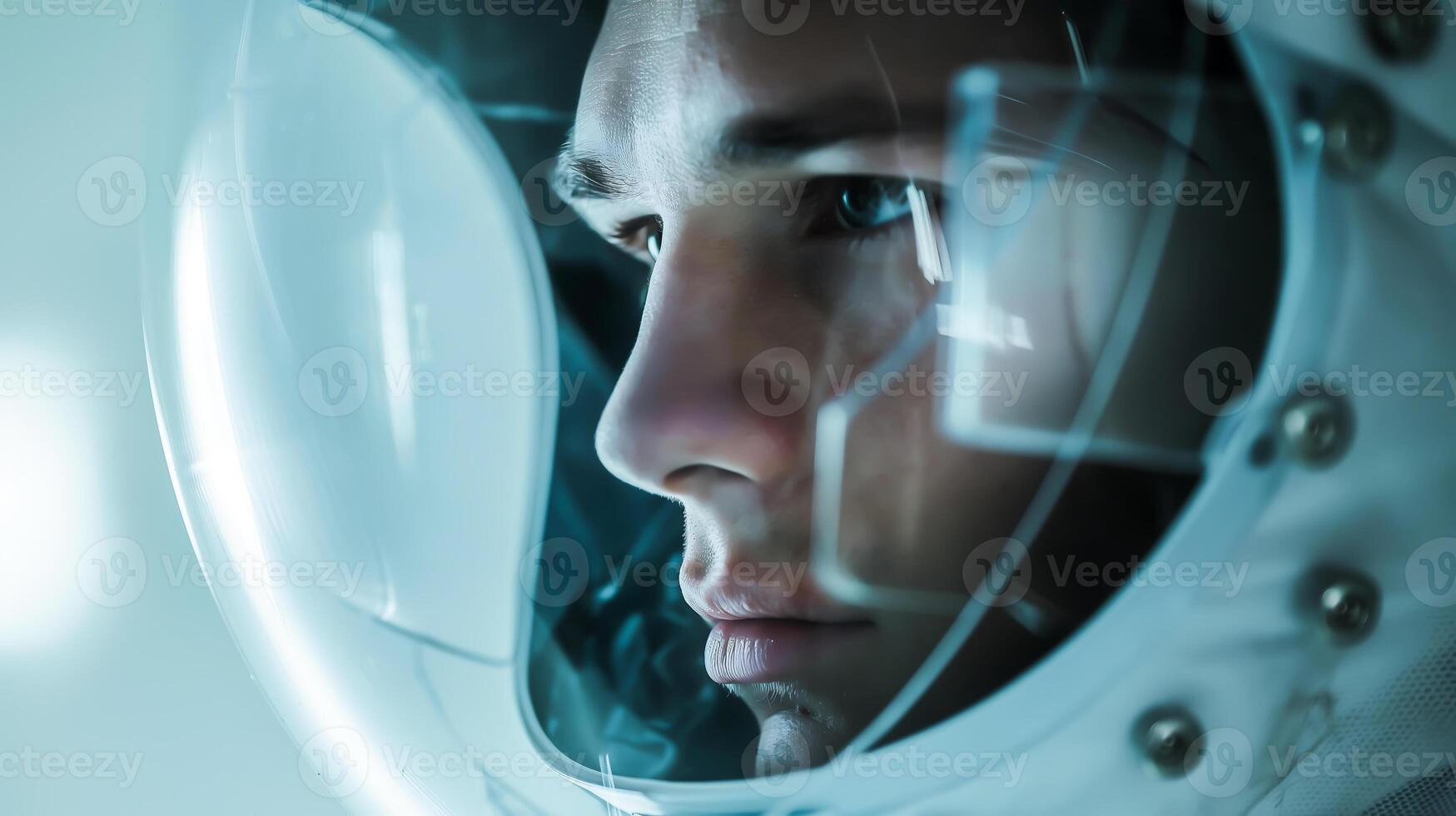 A man in an astronaut suit looks away from the camera photo