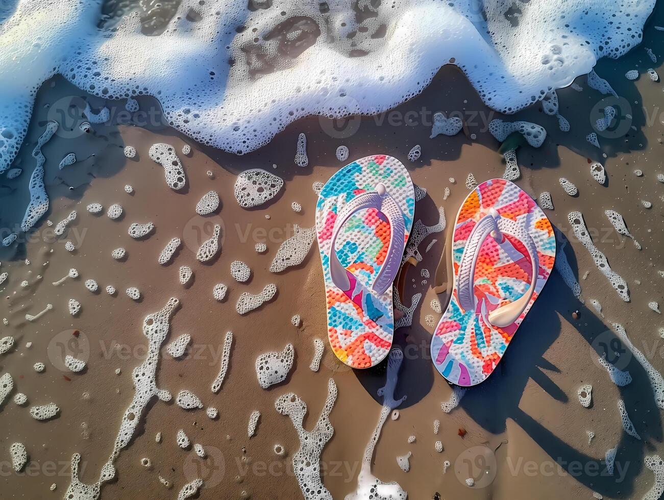 Two colourful flip flops are on the beach, with the ocean in the background photo