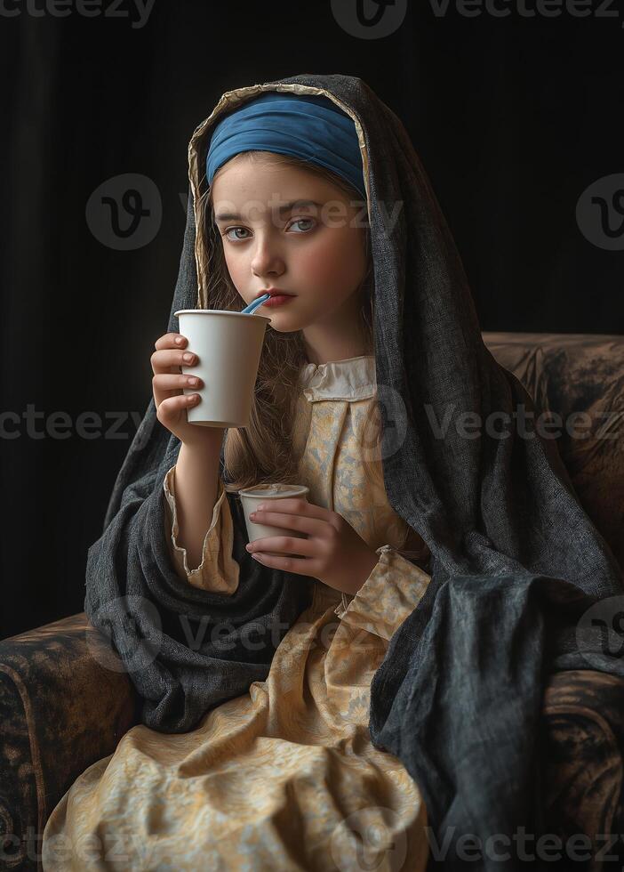 A young girl is sitting on a couch with a cup of coffee in her hand photo