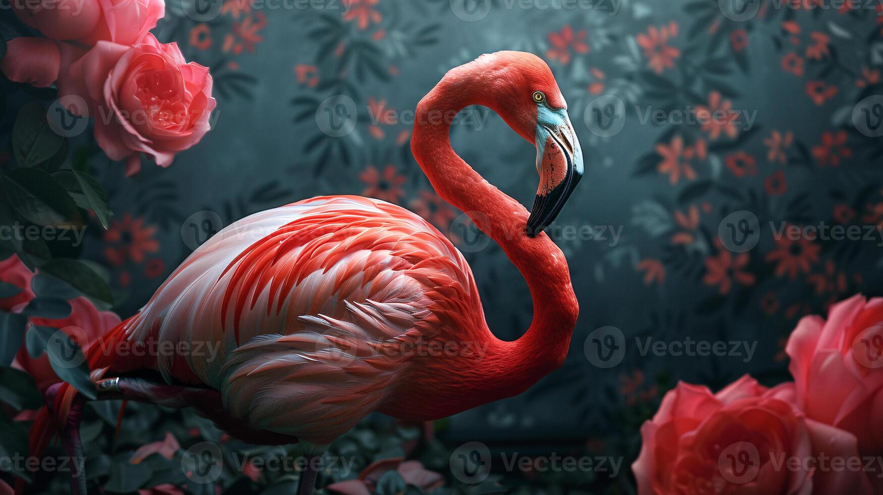 A flamingo stands in front of a wall of pink roses photo