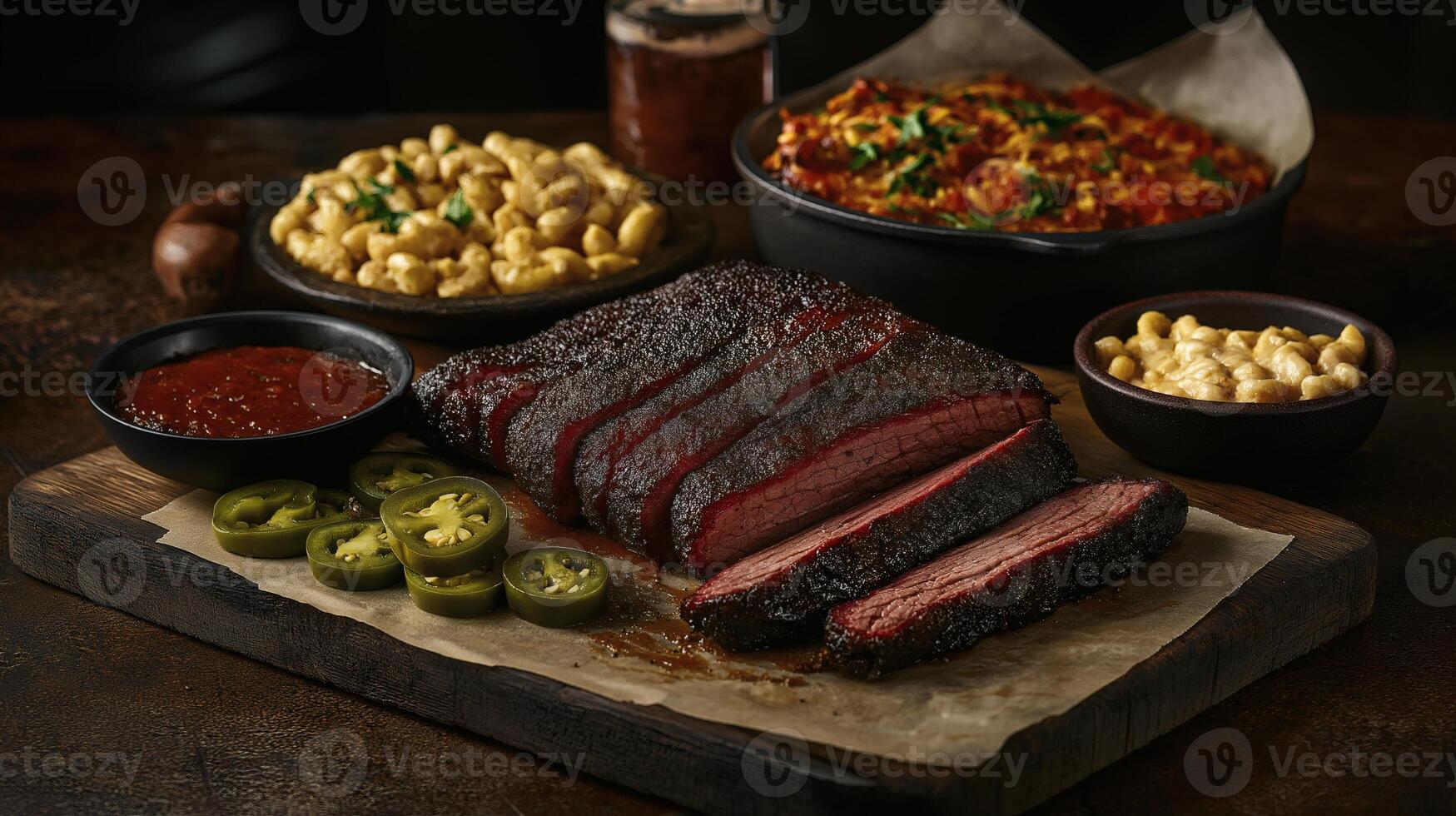 Smoked Beef Brisket Platter with Mac and Cheese, Chili, and Jalapenos photo