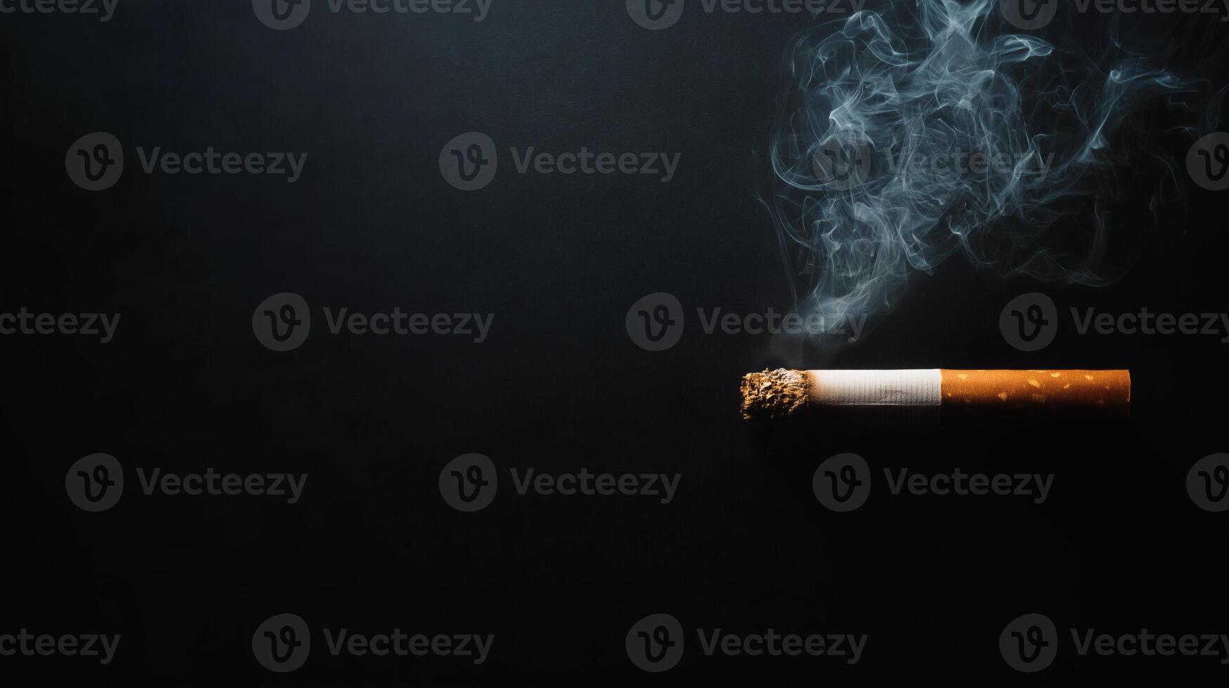 Burning Cigarette on Black Background Symbol of Smoking Addiction and Health Risks photo