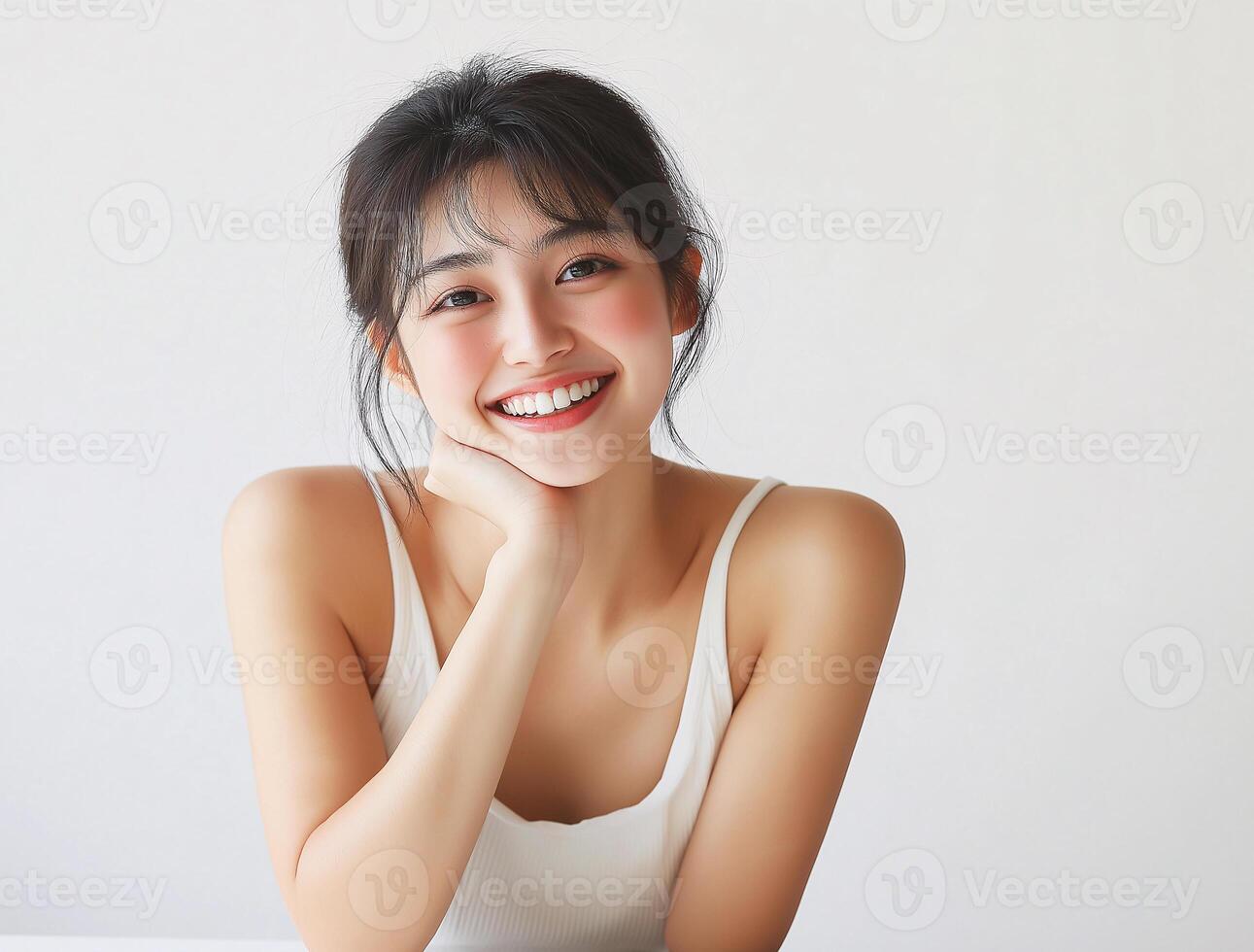 A pretty woman with a white tank top is smiling and looking at the camera photo