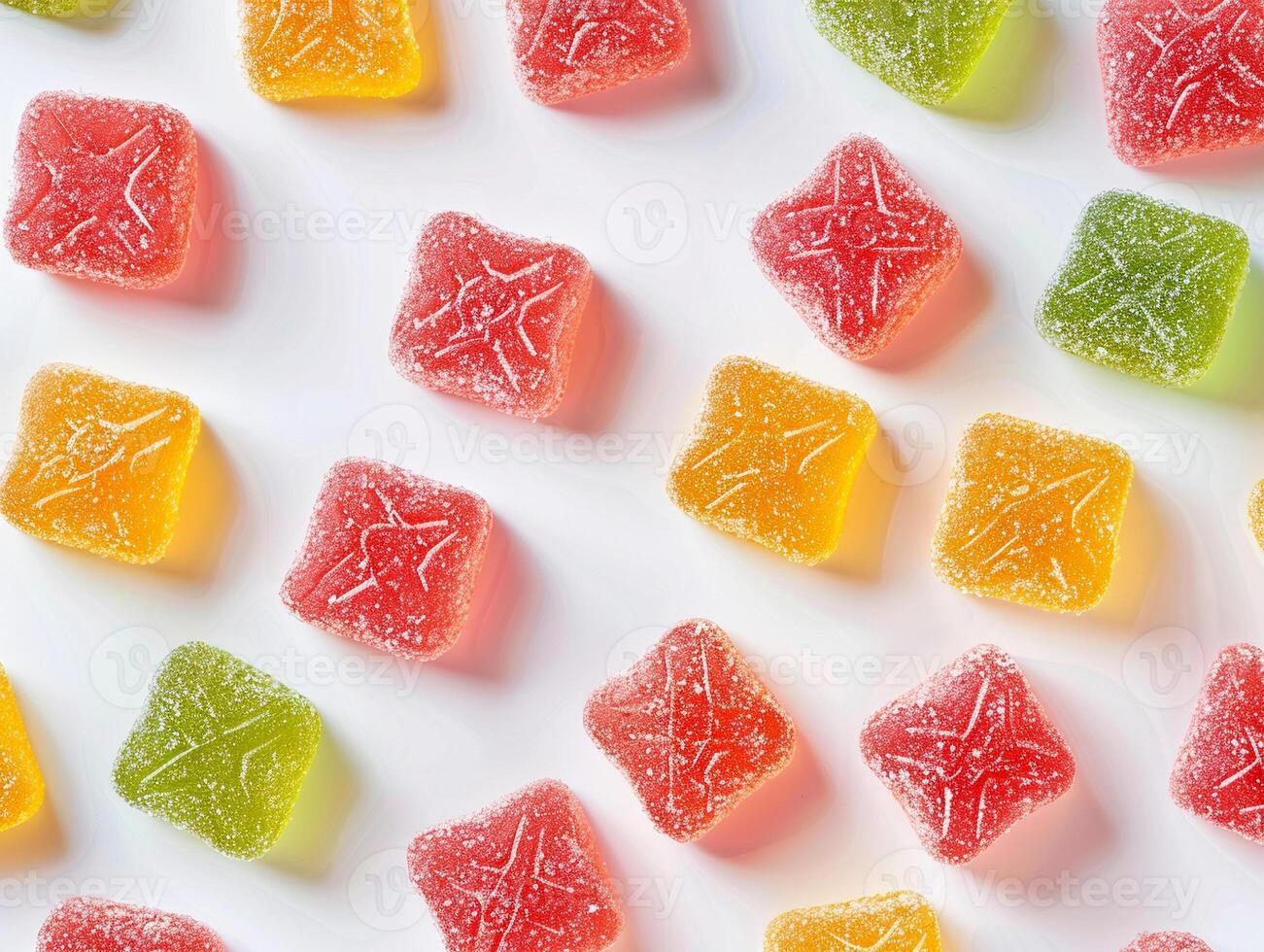 A row of colourful gummy bears are lined up on a white background photo