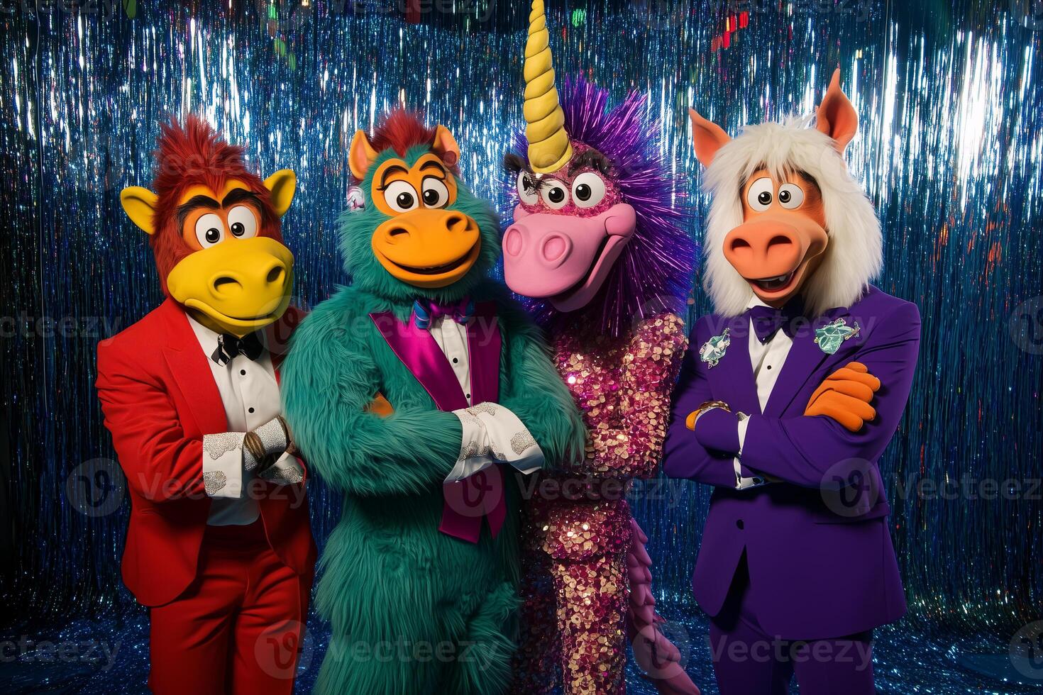 A group of cartoon characters dressed in formal wear pose for a picture photo