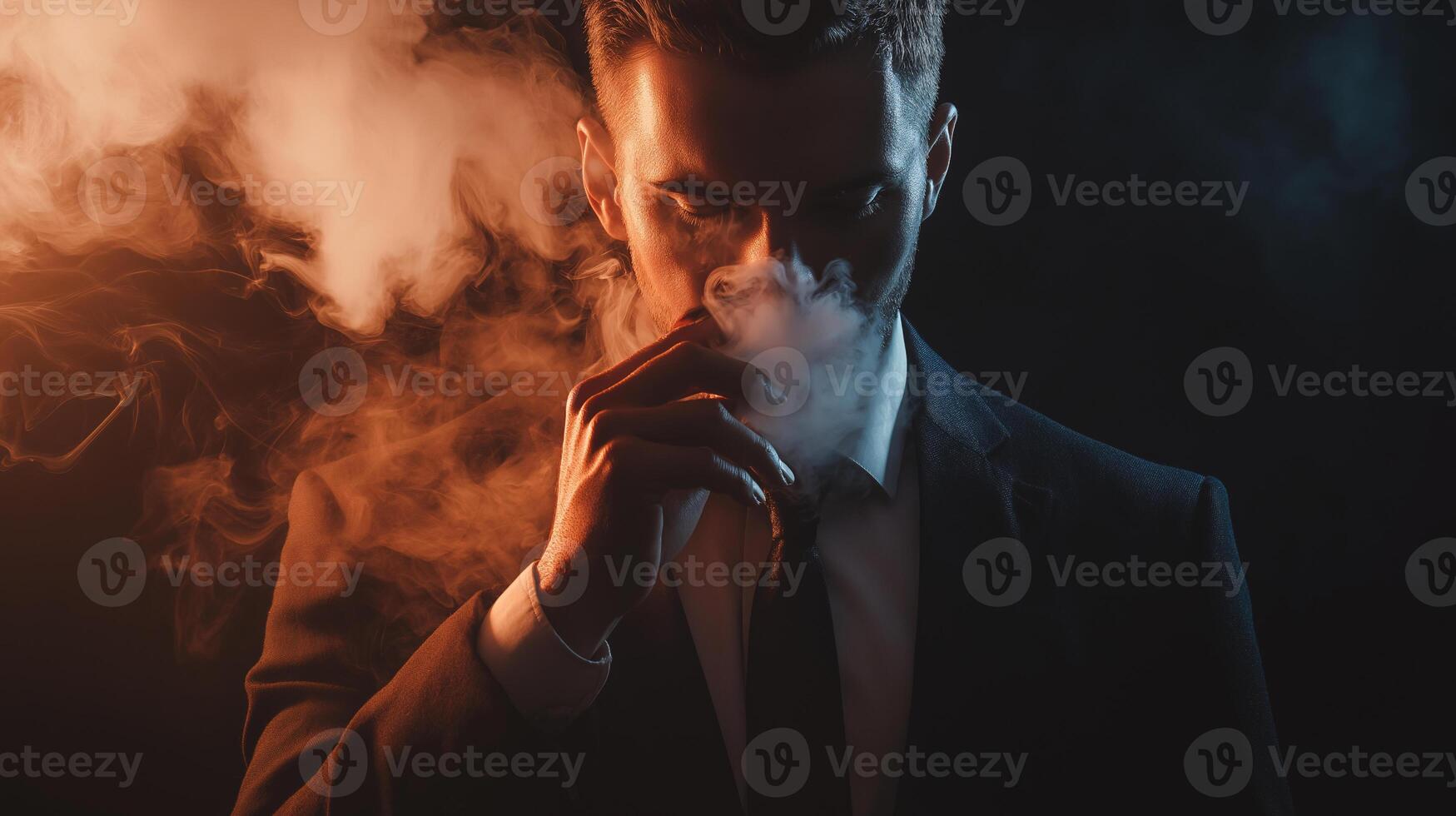 A man in a suit is smoking a cigar in darkness photo