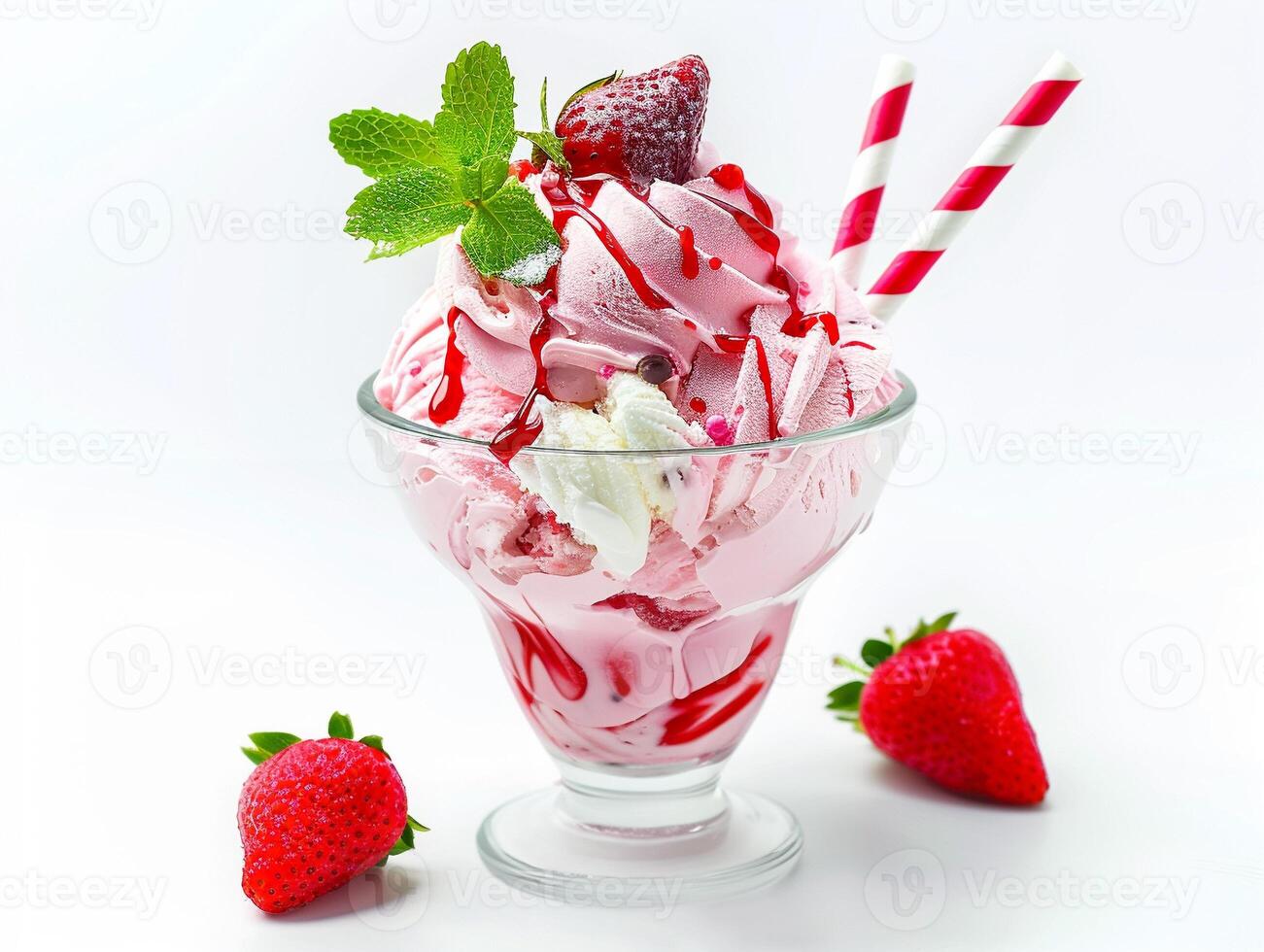 A Delectable Strawberry Sundae With Whipped Cream and Mint Garnish photo