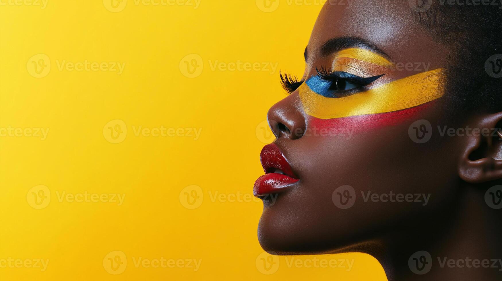 A woman with red lips and yellow and blue face paint photo