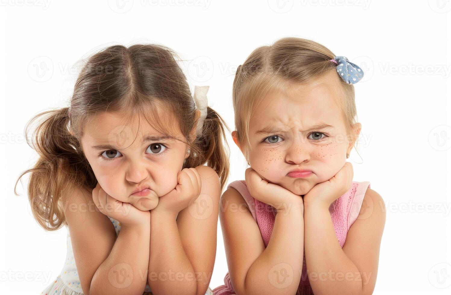 Two young girls are sitting on their knees and looking down photo