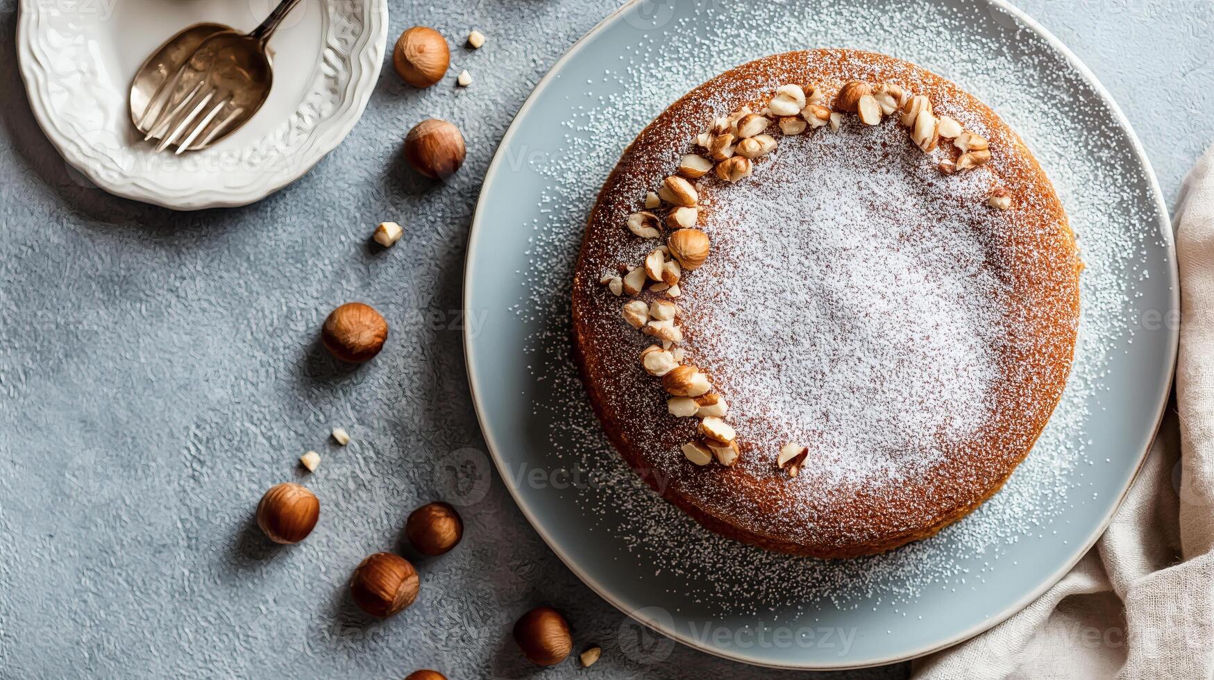 Almond Hazelnut Cake with Powdered Sugar on Blue Plate photo
