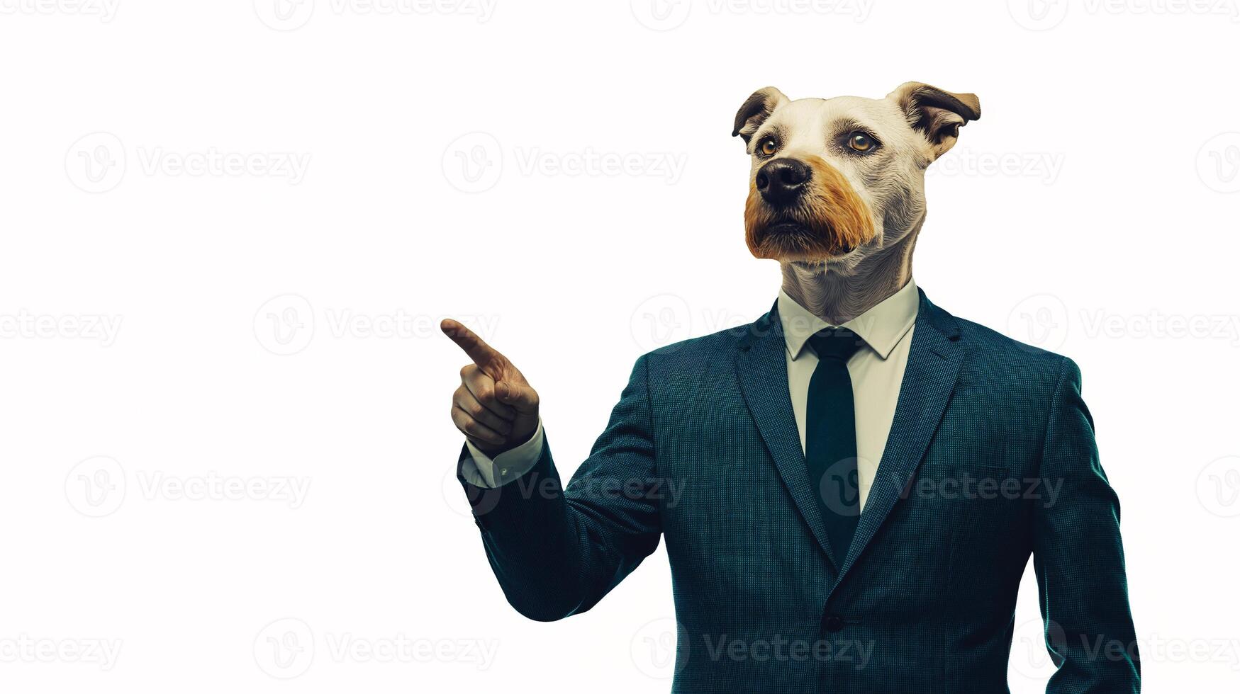 A suited dog with an authoritative stance points confidently, blending elegance and playfulness in a surreal corporate setting photo