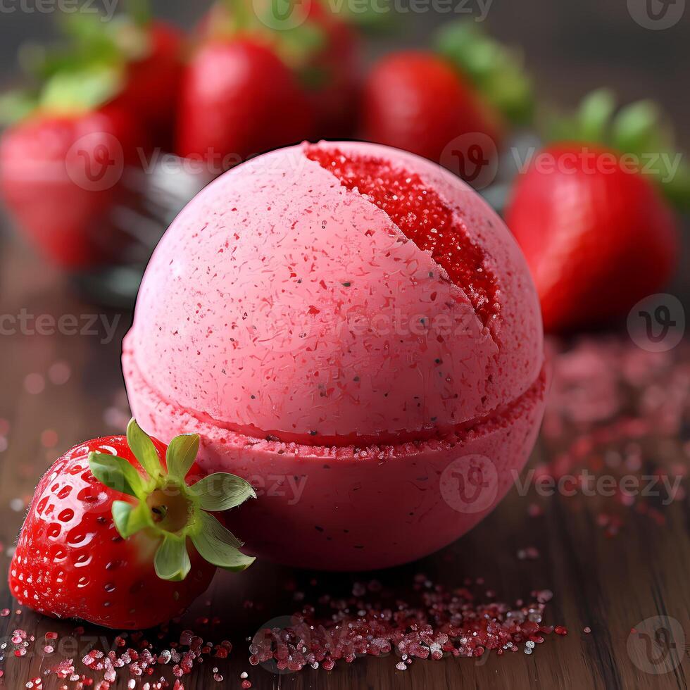 The bath bomb is surrounded by a pile of sugar and strawberries photo