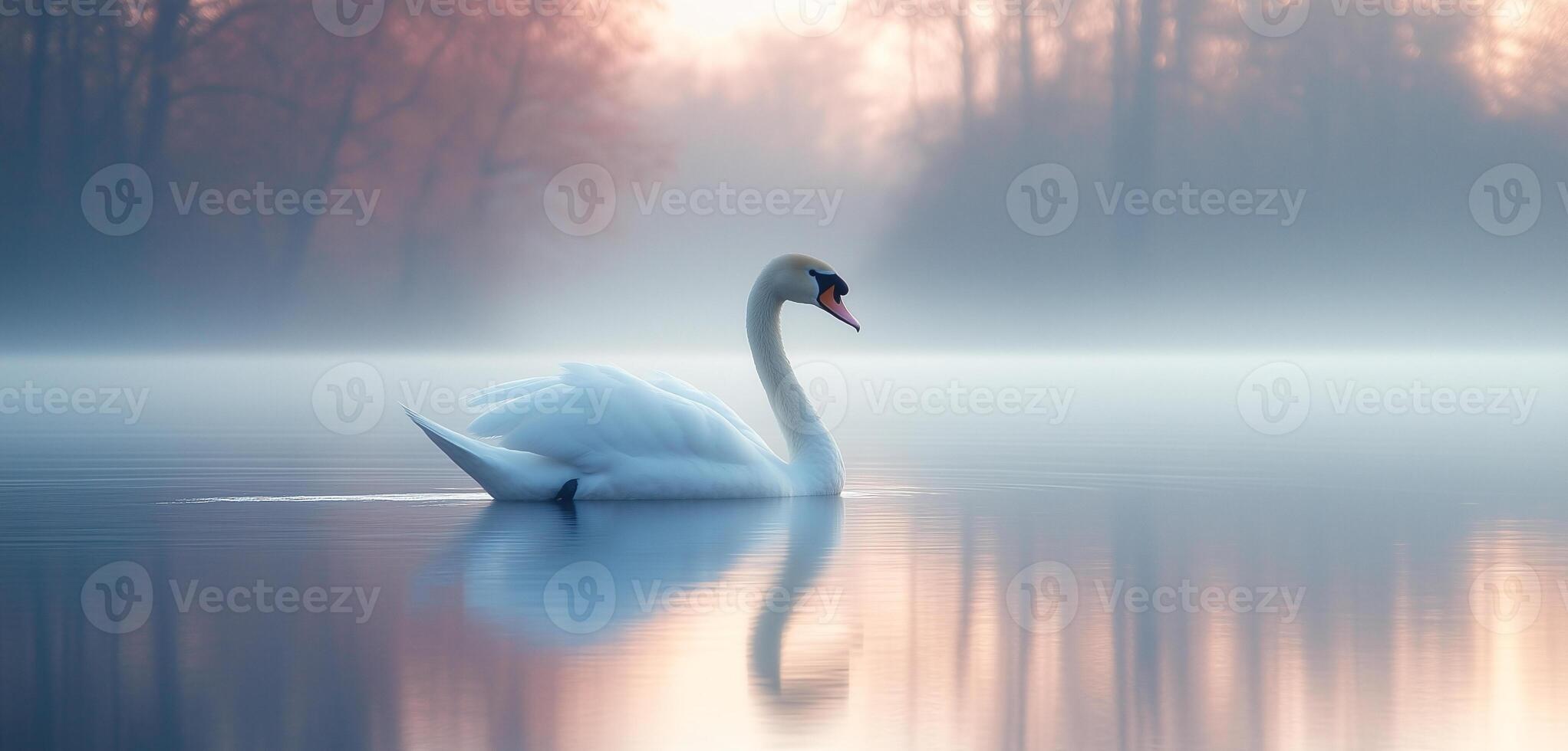 A swan is swimming in a lake with a beautiful reflection of the sky and trees photo