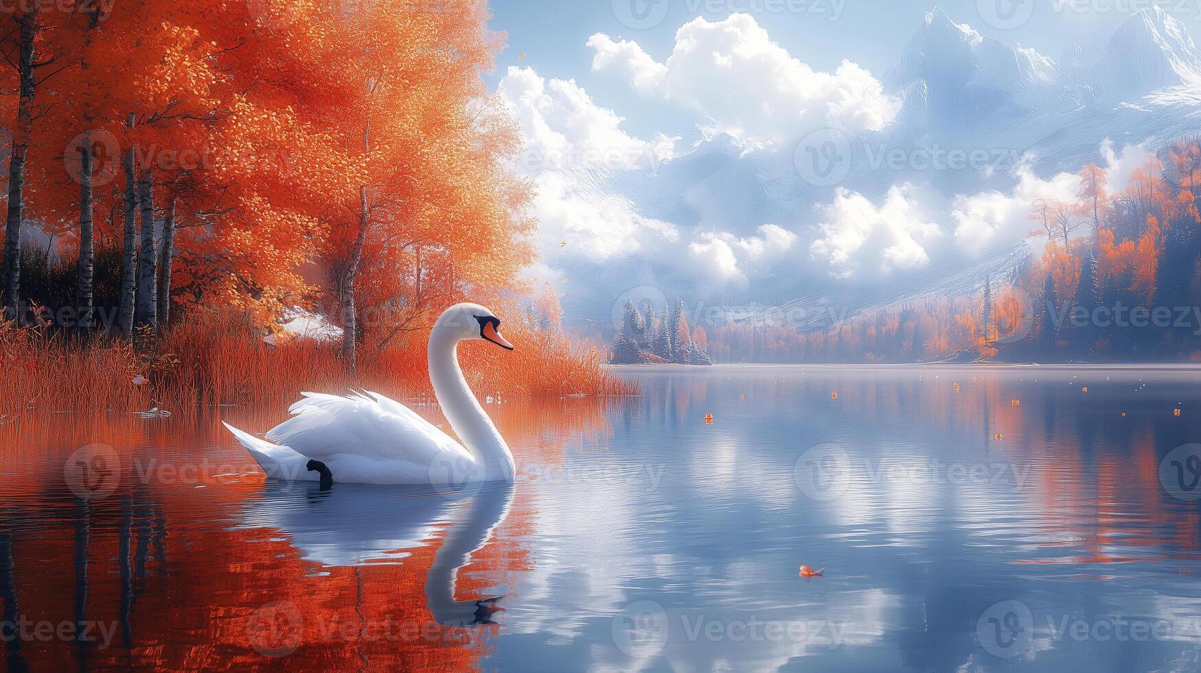 A white swan is swimming in a lake with orange leaves in the background photo