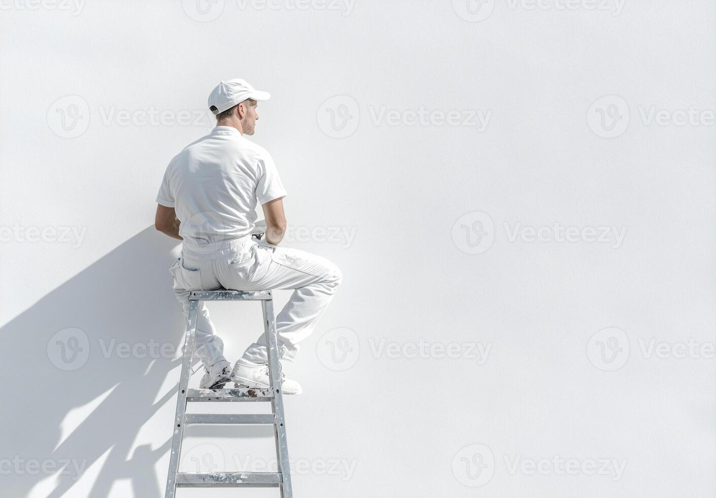 A man in a white shirt and white pants is painting a wall photo