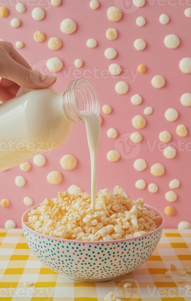 A person is pouring milk into a bowl of cereal in dots background photo