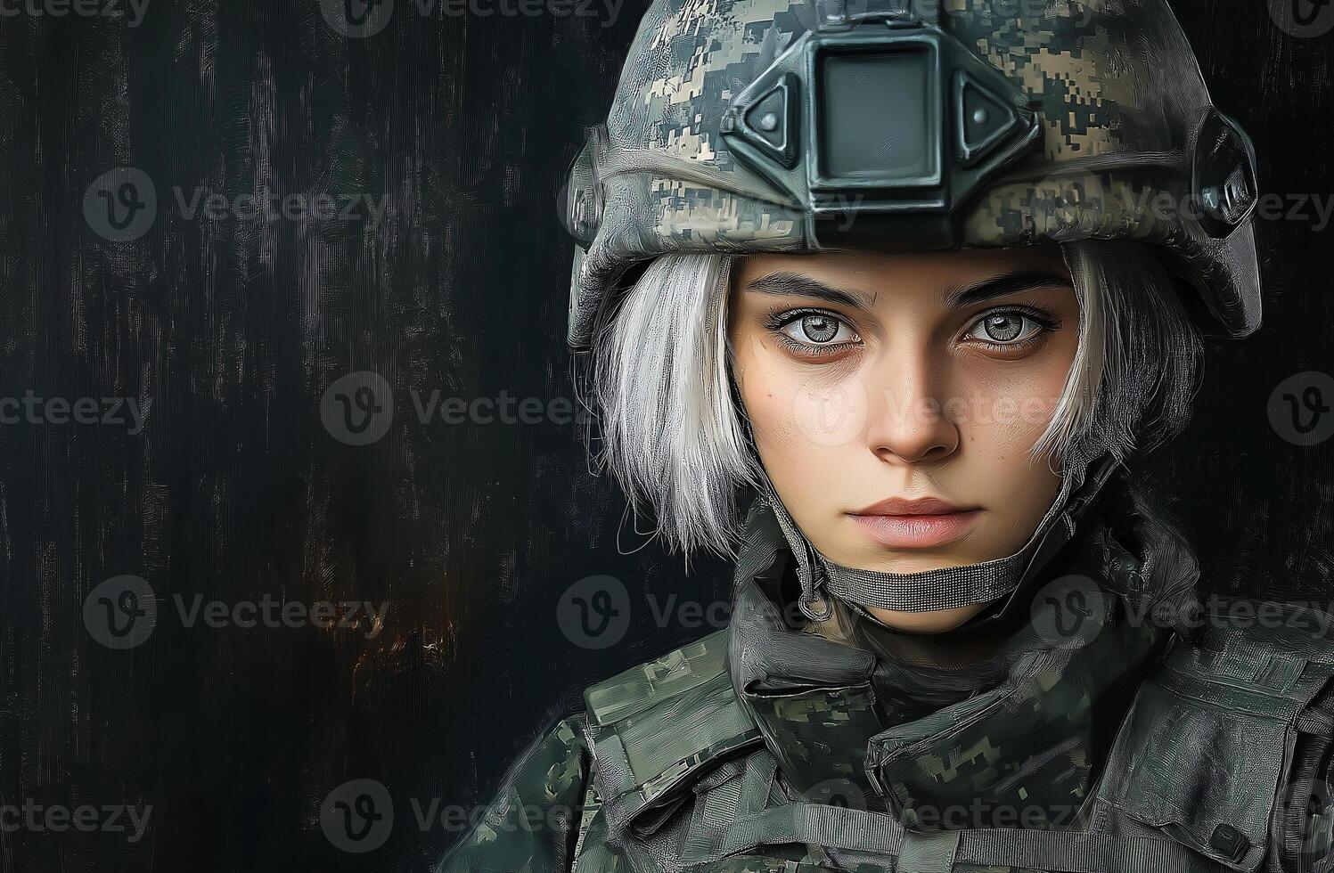 A woman in a military uniform with a helmet on photo