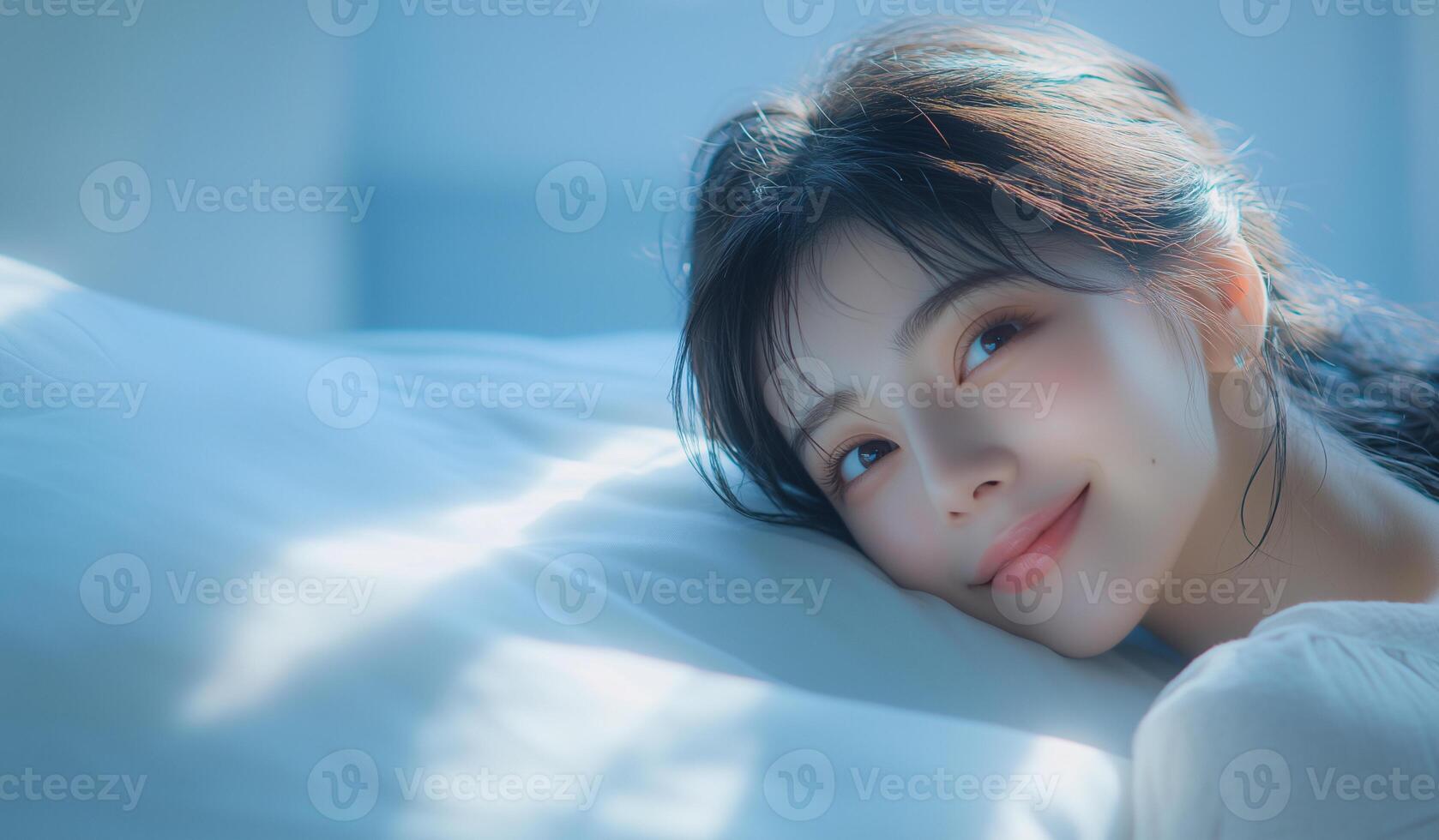 A woman is laying on a bed with her eyes closed and a smile on her face photo