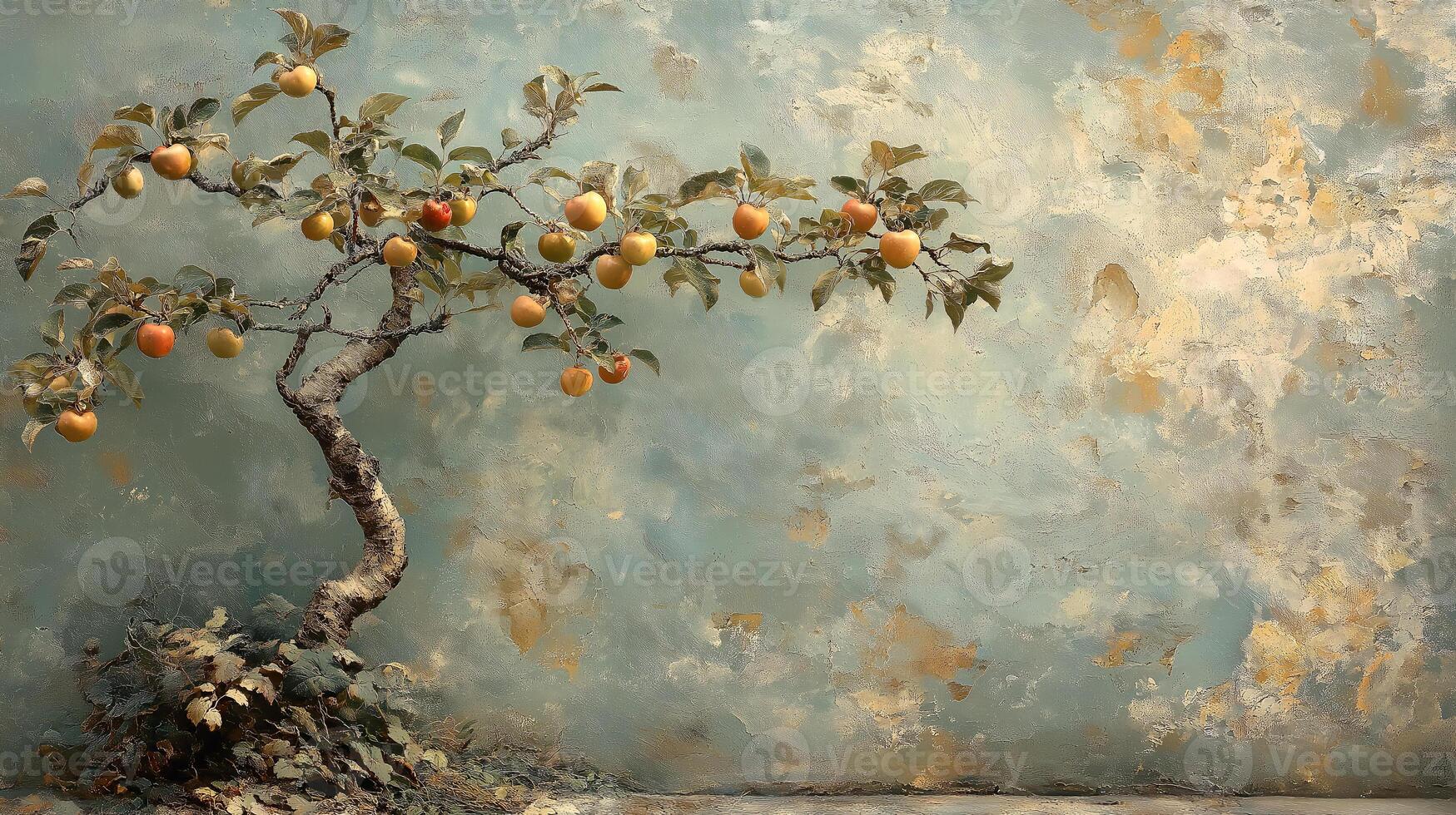 A painting of a tree with apples on it photo