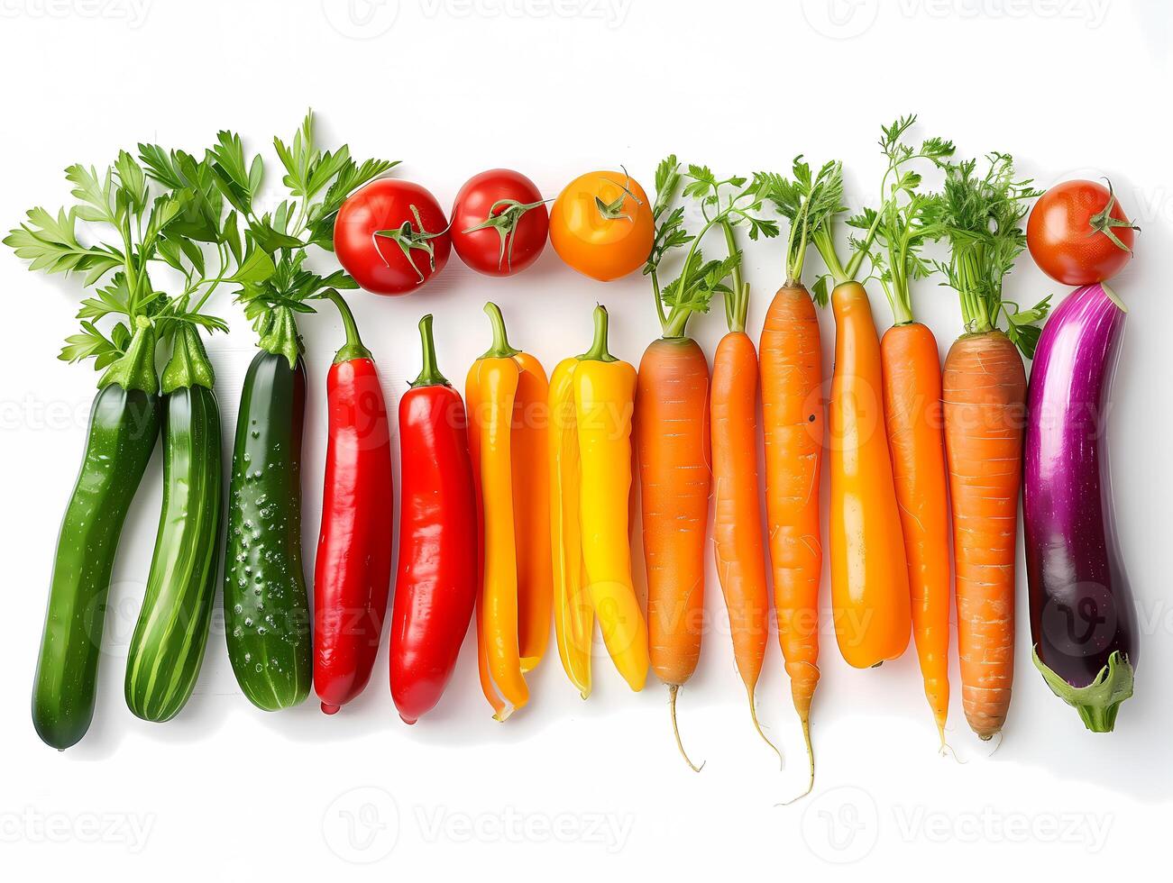 A row of colourful vegetables including tomatoes, carrots, broccoli, and peppers photo