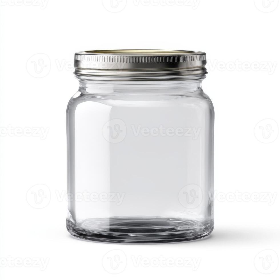 Empty glass jar with lid isolated on white background photo