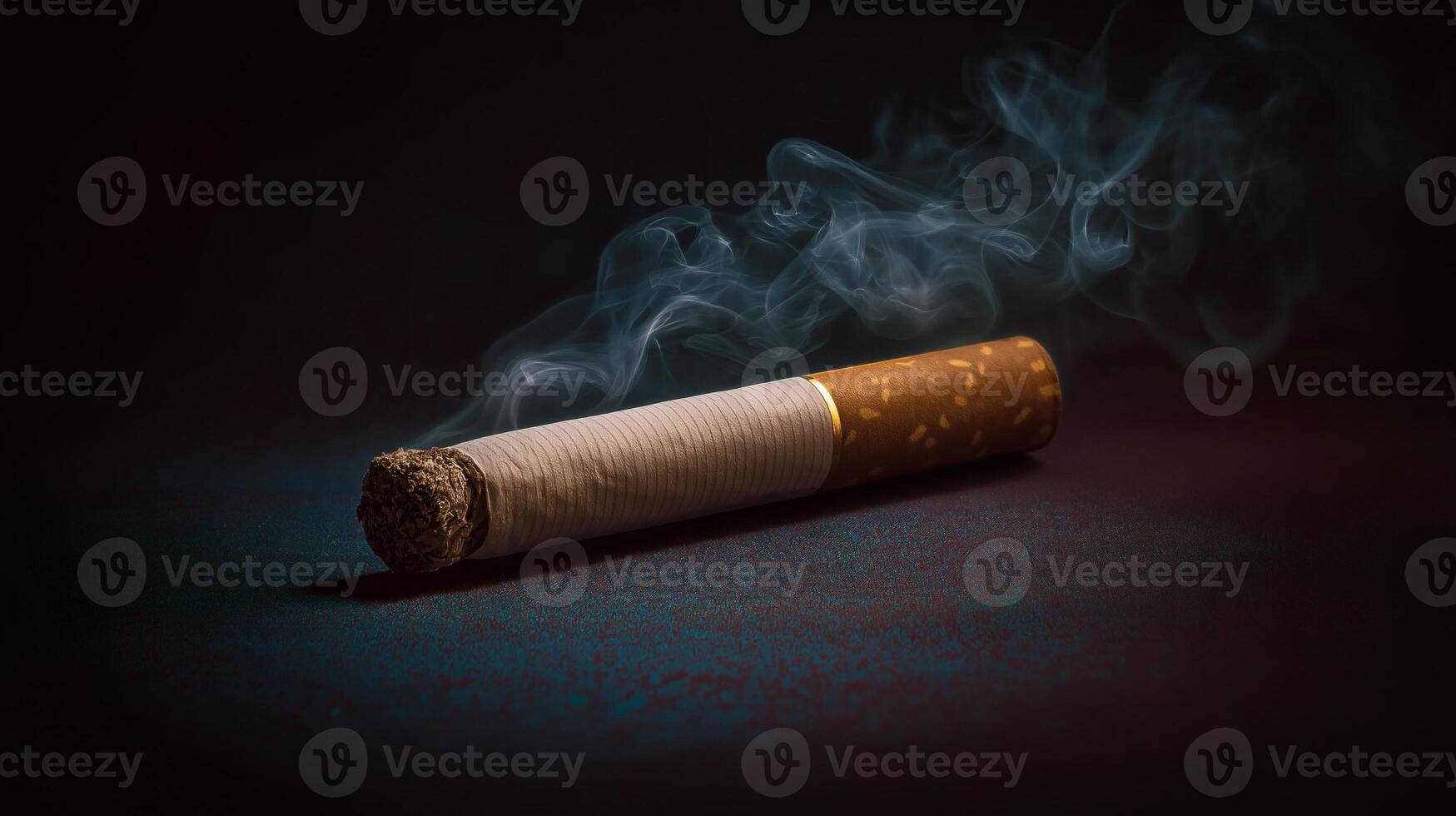 Burning Cigarette with Smoke on Dark Background Symbol of Tobacco Addiction and Health Hazard photo