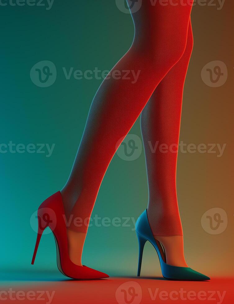 A pair of red and blue high heels are shown in a colourful, vibrant setting photo