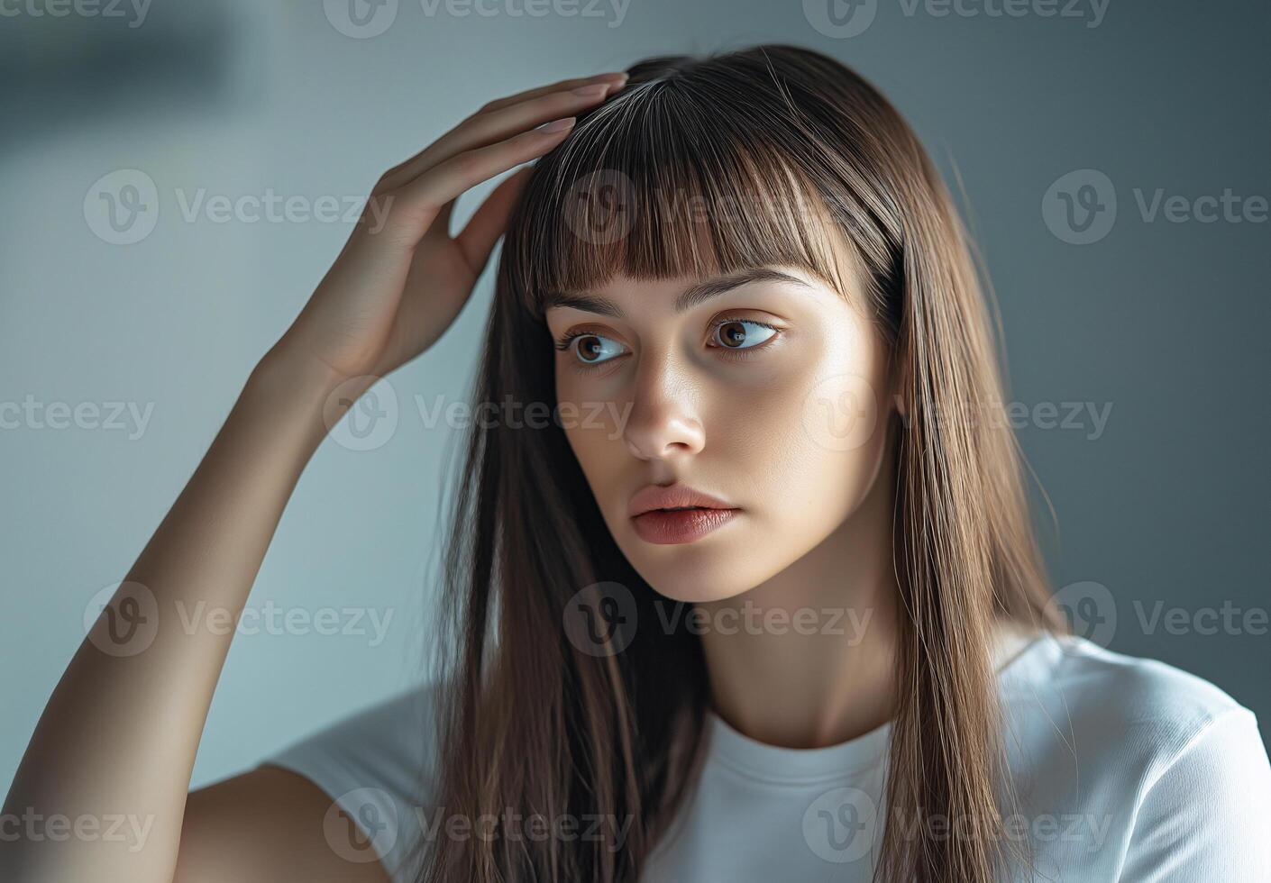 A woman with long brown hair and a white shirt is looking at the mirror photo