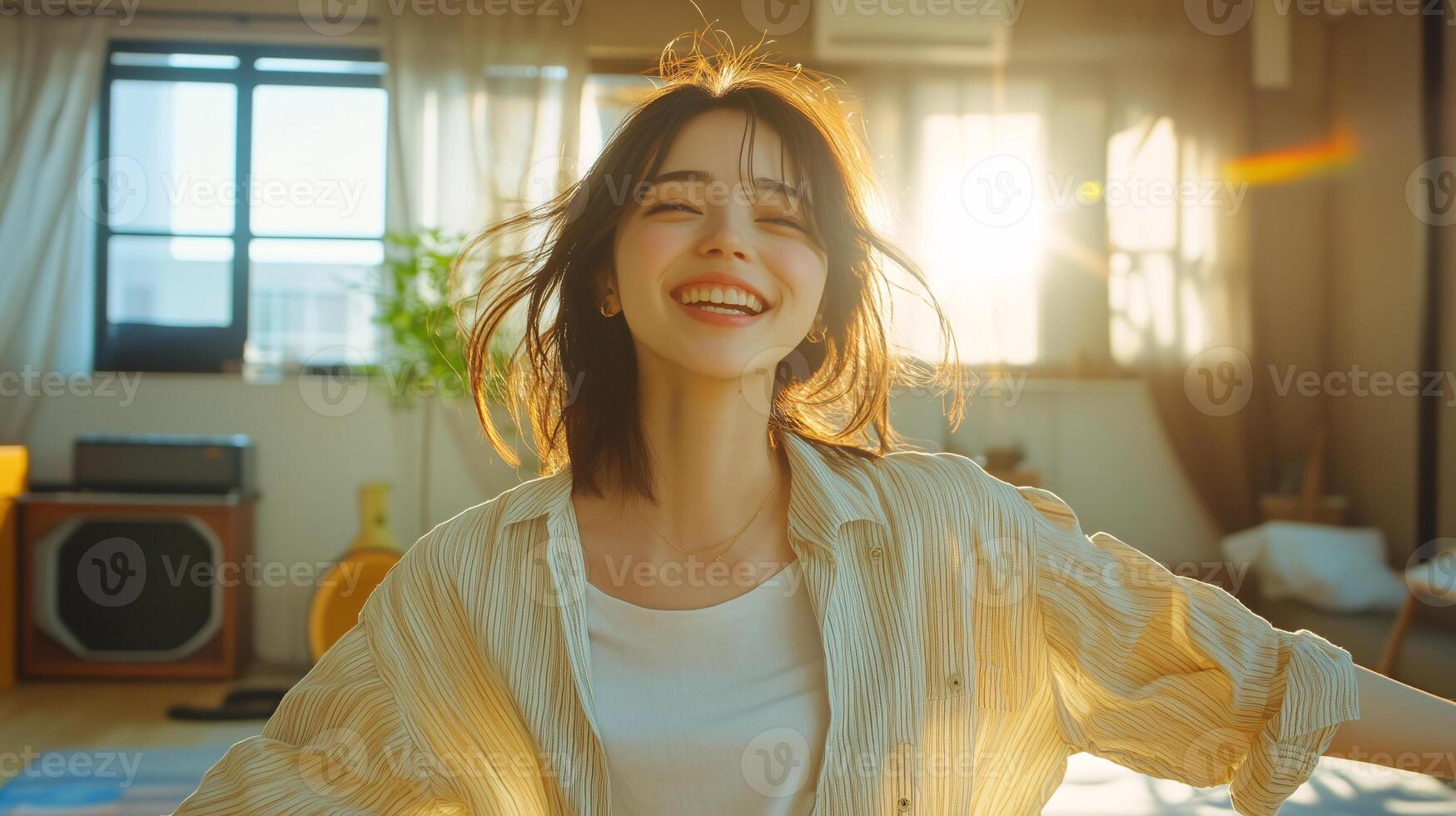 Radiant Morning Joy A Young Woman Embracing the Sunlight photo