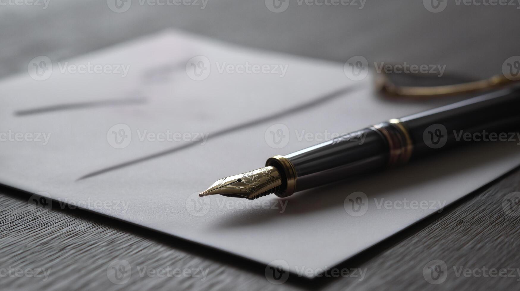 Luxury fountain pen on handwritten letter resting on dark wooden desk photo