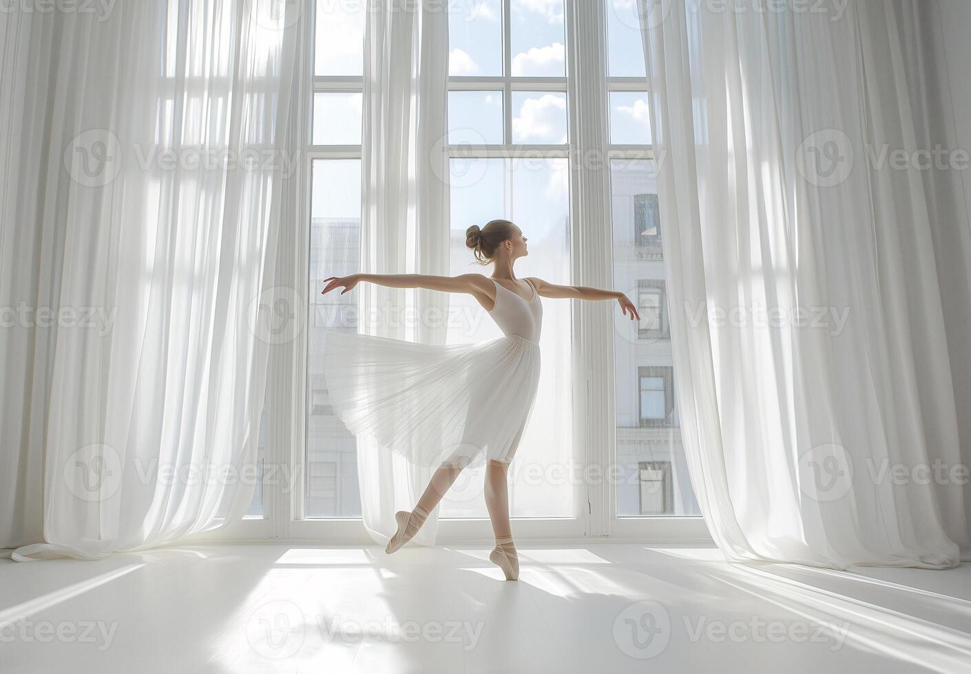 A young girl in a white dress is dancing in front of a window photo