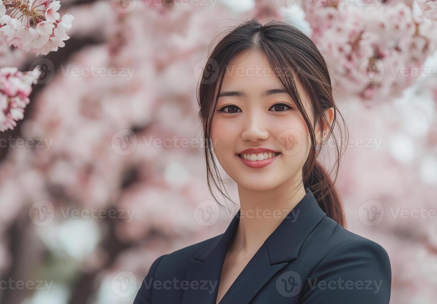 A woman is smiling in front of a tree with pink flowers photo