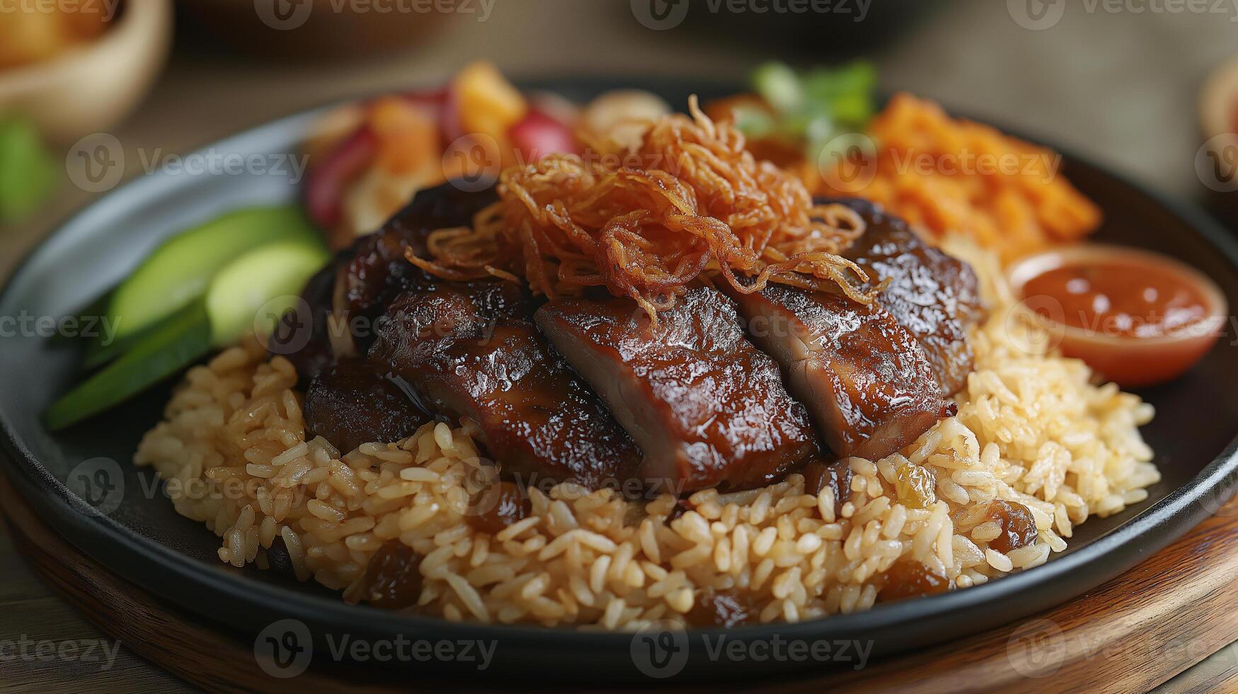 A plate of food with rice and meat on top photo
