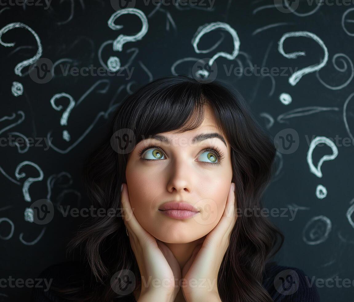 A woman with long hair is looking up at a chalkboard with many questions photo