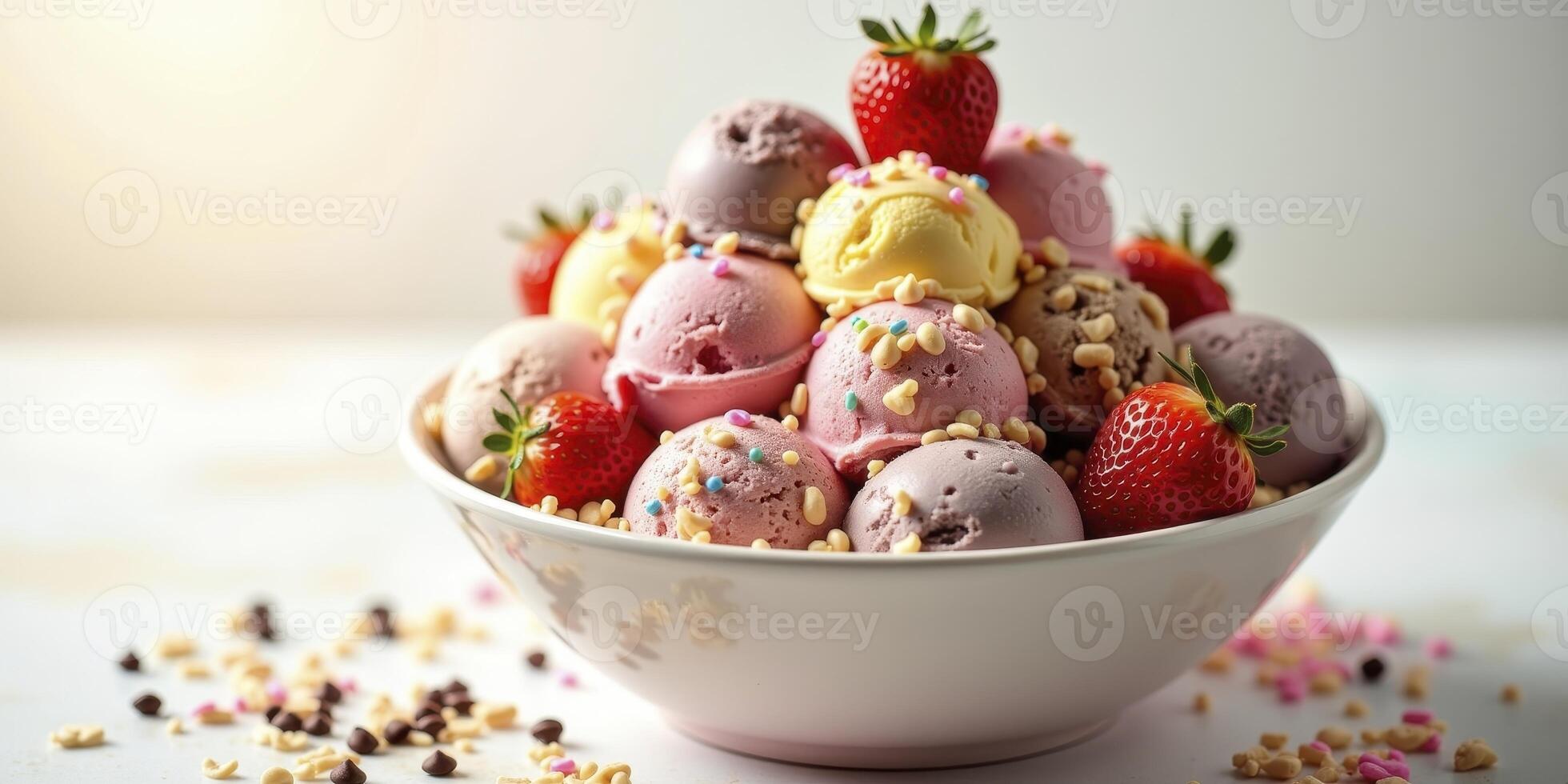 A bowl of ice cream with strawberries and chocolate chips photo