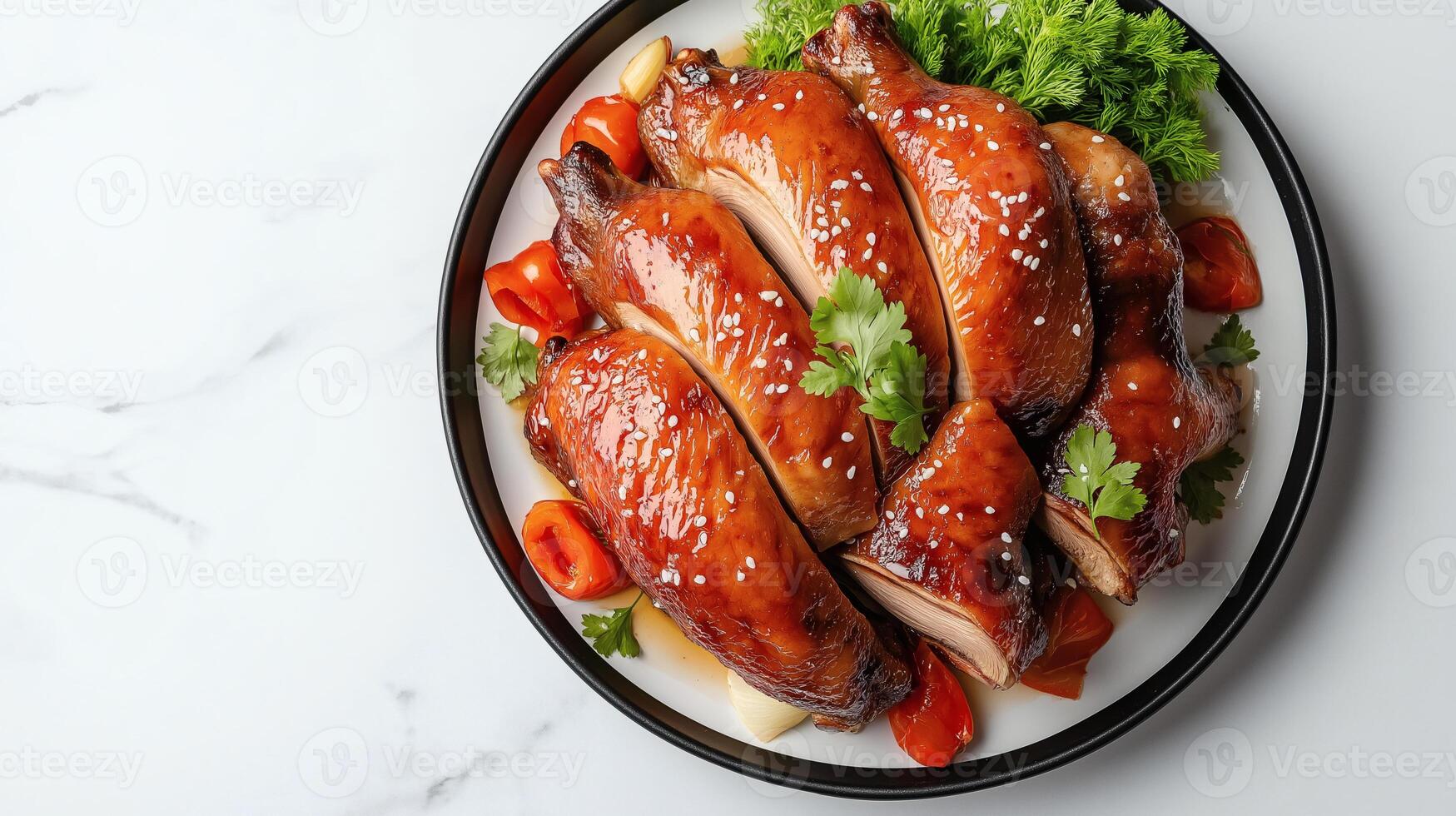 Glazed Roast Duck with Vegetables and Sesame Garnish photo