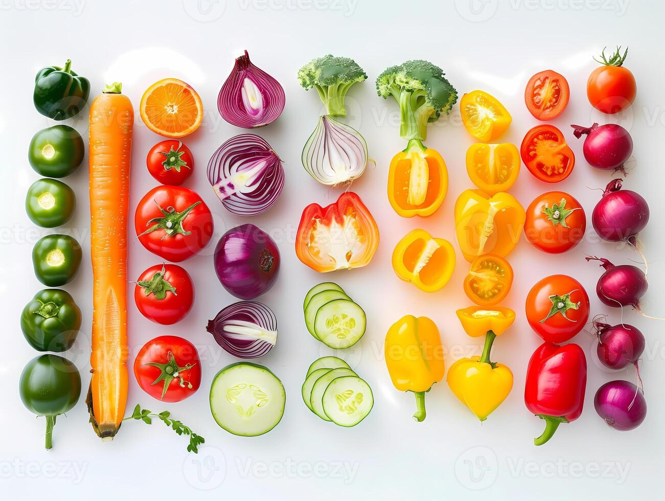 A colourful assortment of vegetables including carrots, tomatoes, broccoli photo