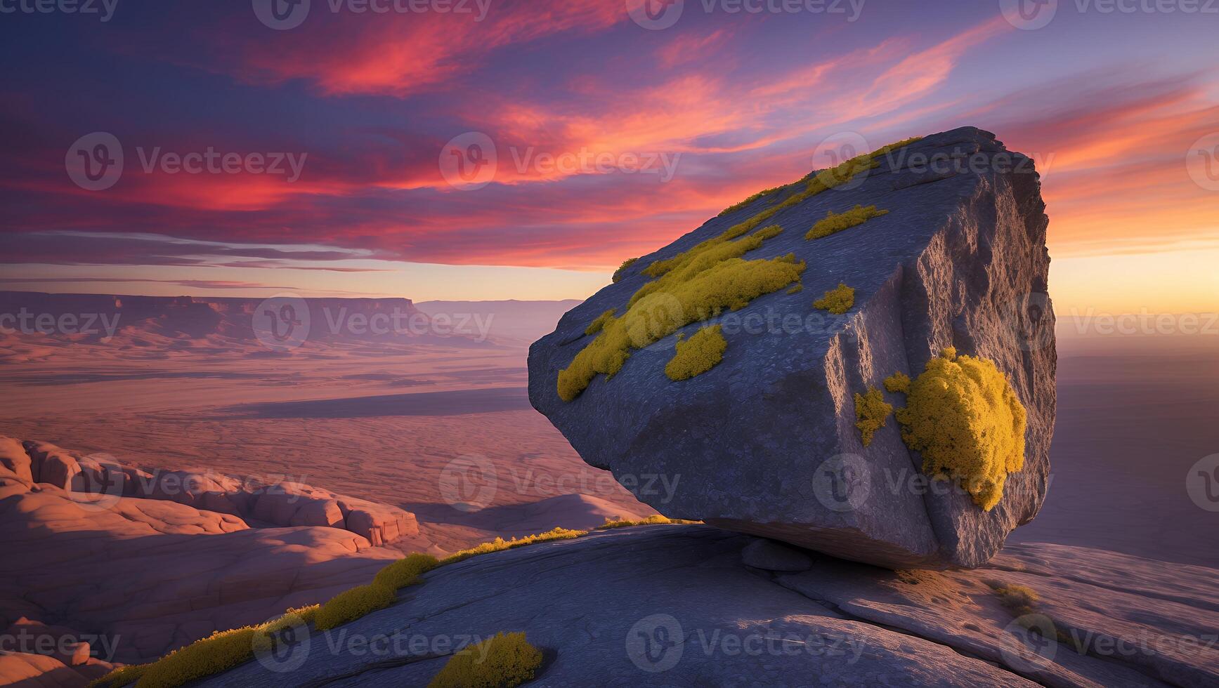 Balanced Rock Formation on a Cliff at Sunset with Vibrant Sky photo