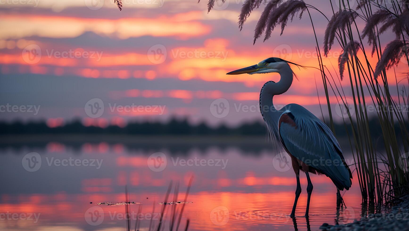 Heron Stands Tall at Sunset by the Water in Peaceful Setting photo