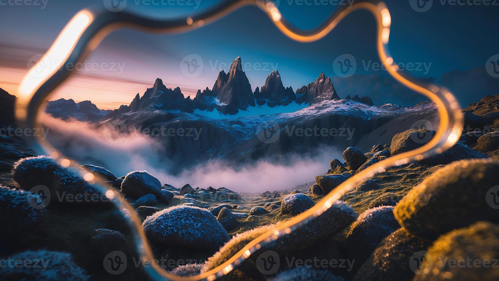 Framed Mountain Range with Fog and Mossy Rocks at Dusk photo
