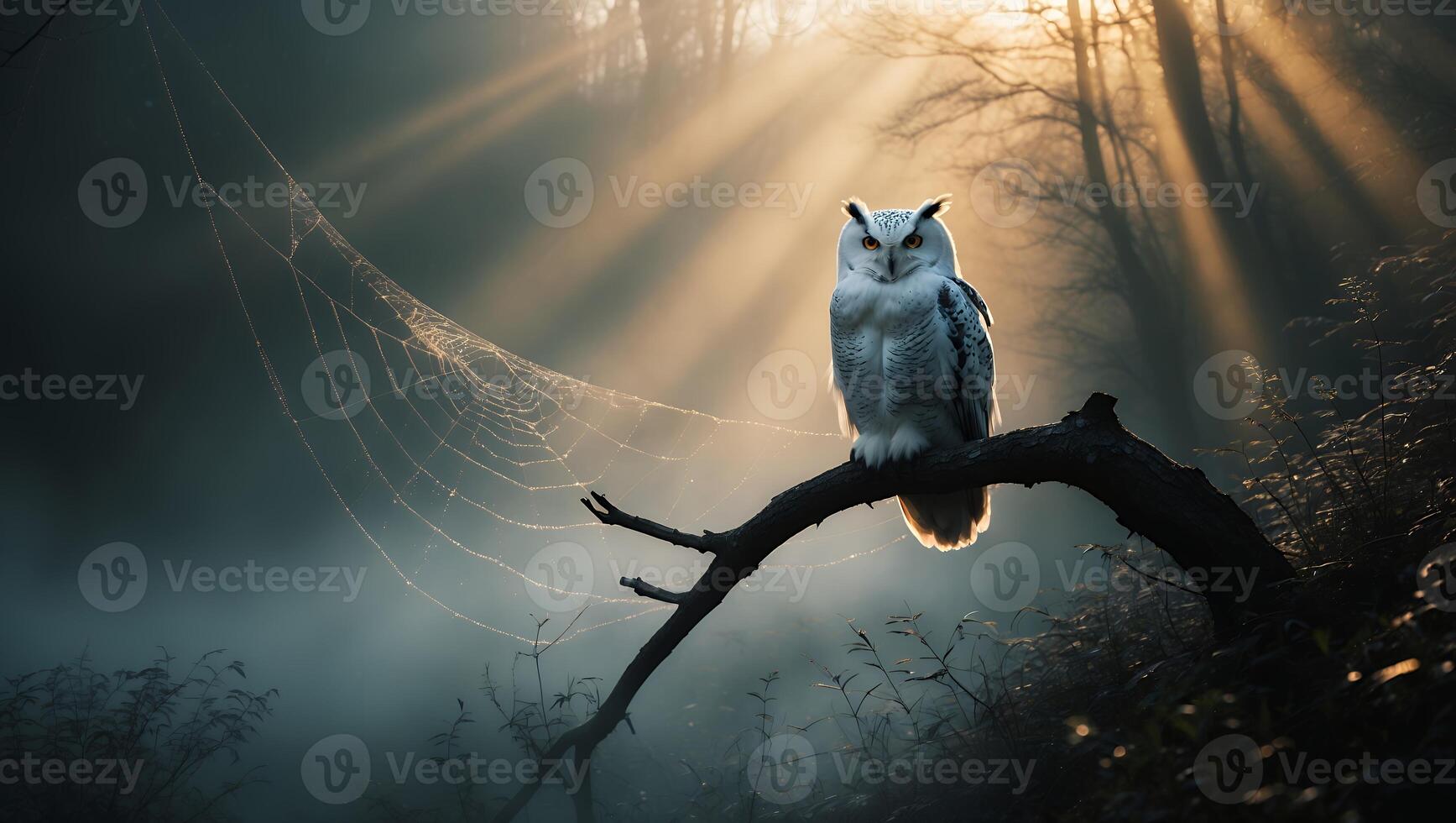 Owl Perched on Branch with Spiderweb in Foggy Forest Light photo