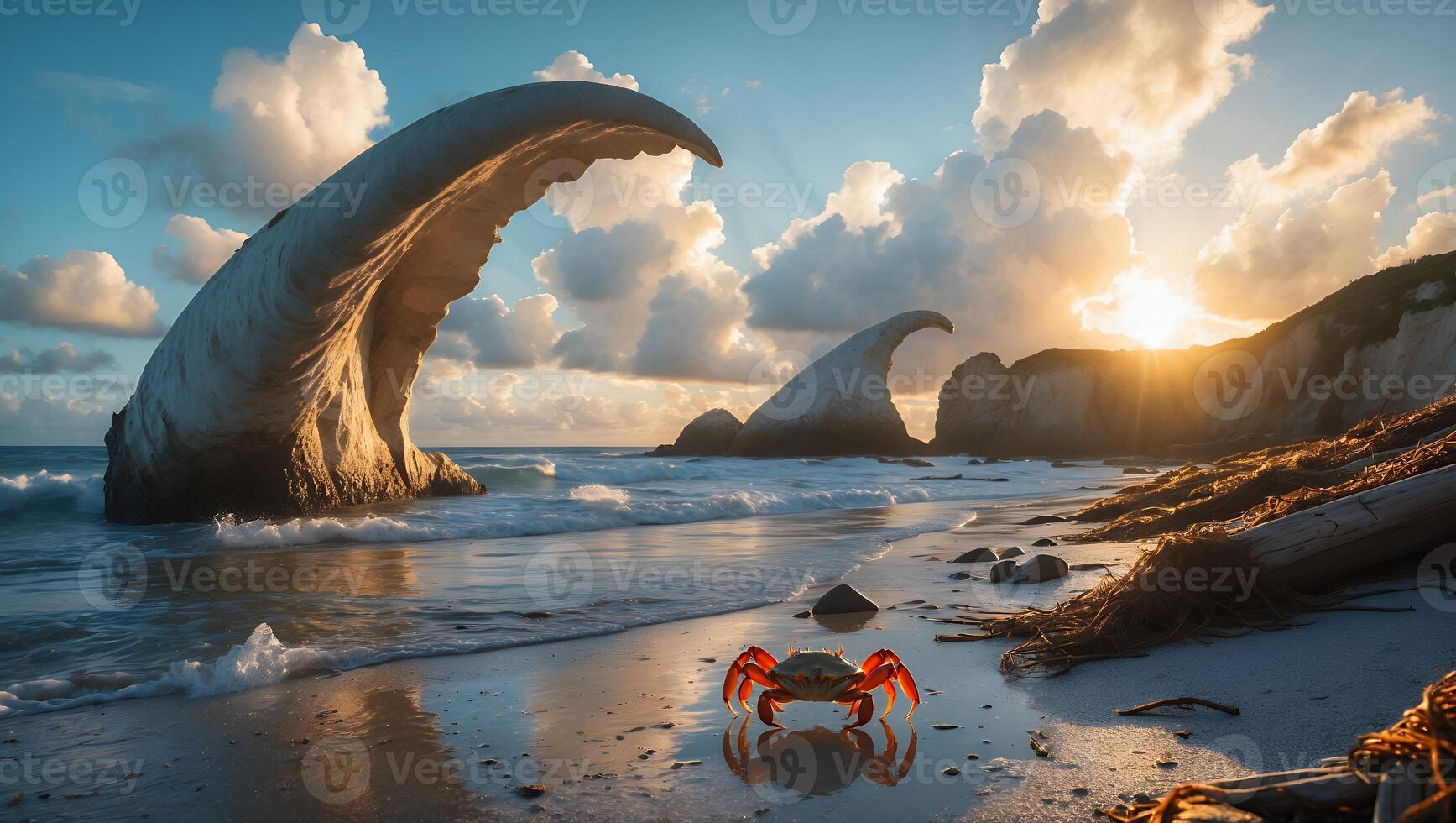 Crab Walking on Beach at Sunset with Rock Formations photo